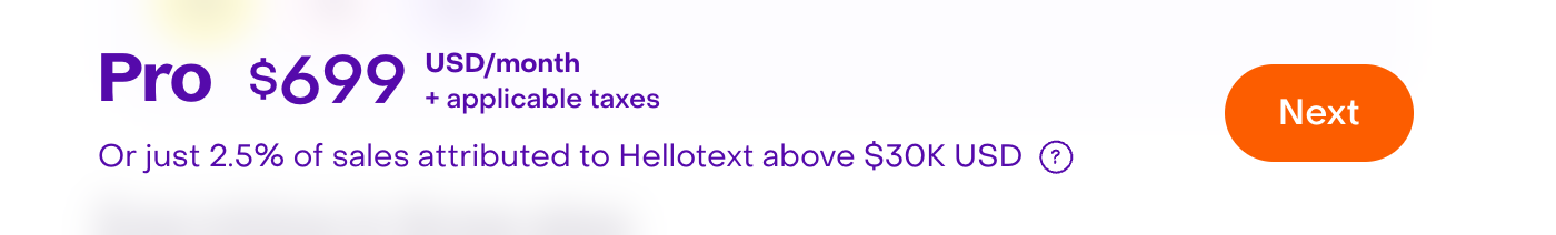 Fictional Pro summary with amount, applicable taxes, and the Next button before a plan change is confirmed.