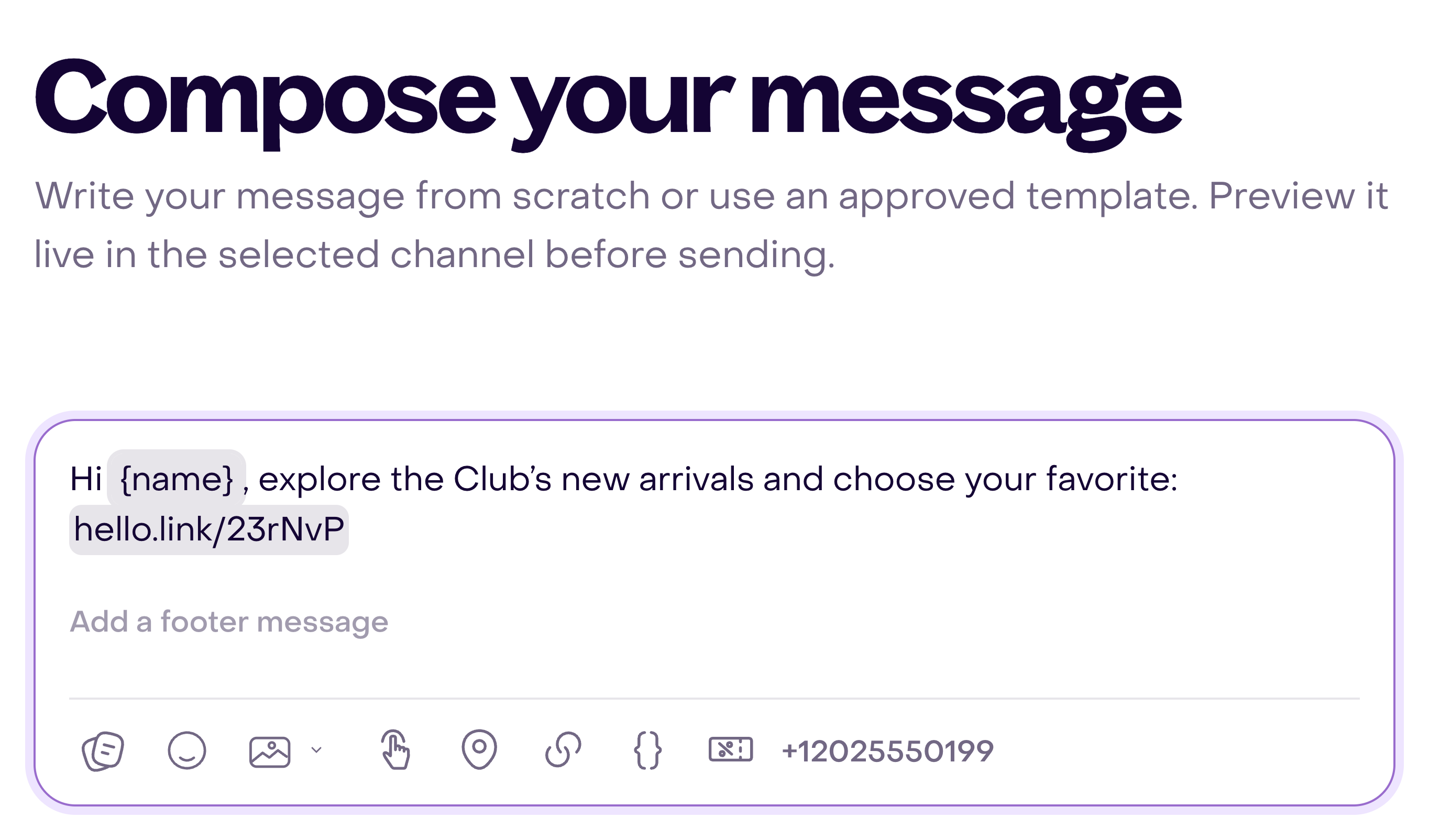 WhatsApp editor with the name tag, a tracked link and composition tools.