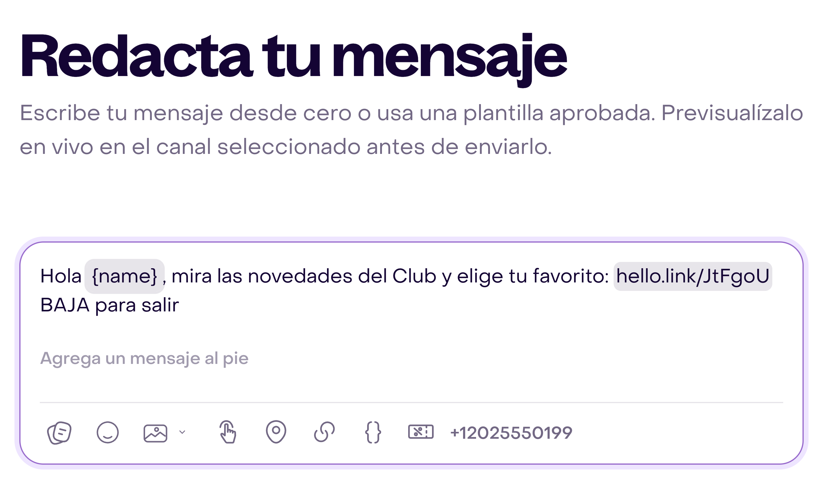 Editor de WhatsApp con etiqueta de nombre, enlace con tracking, texto BAJA para salir y herramientas de composición.