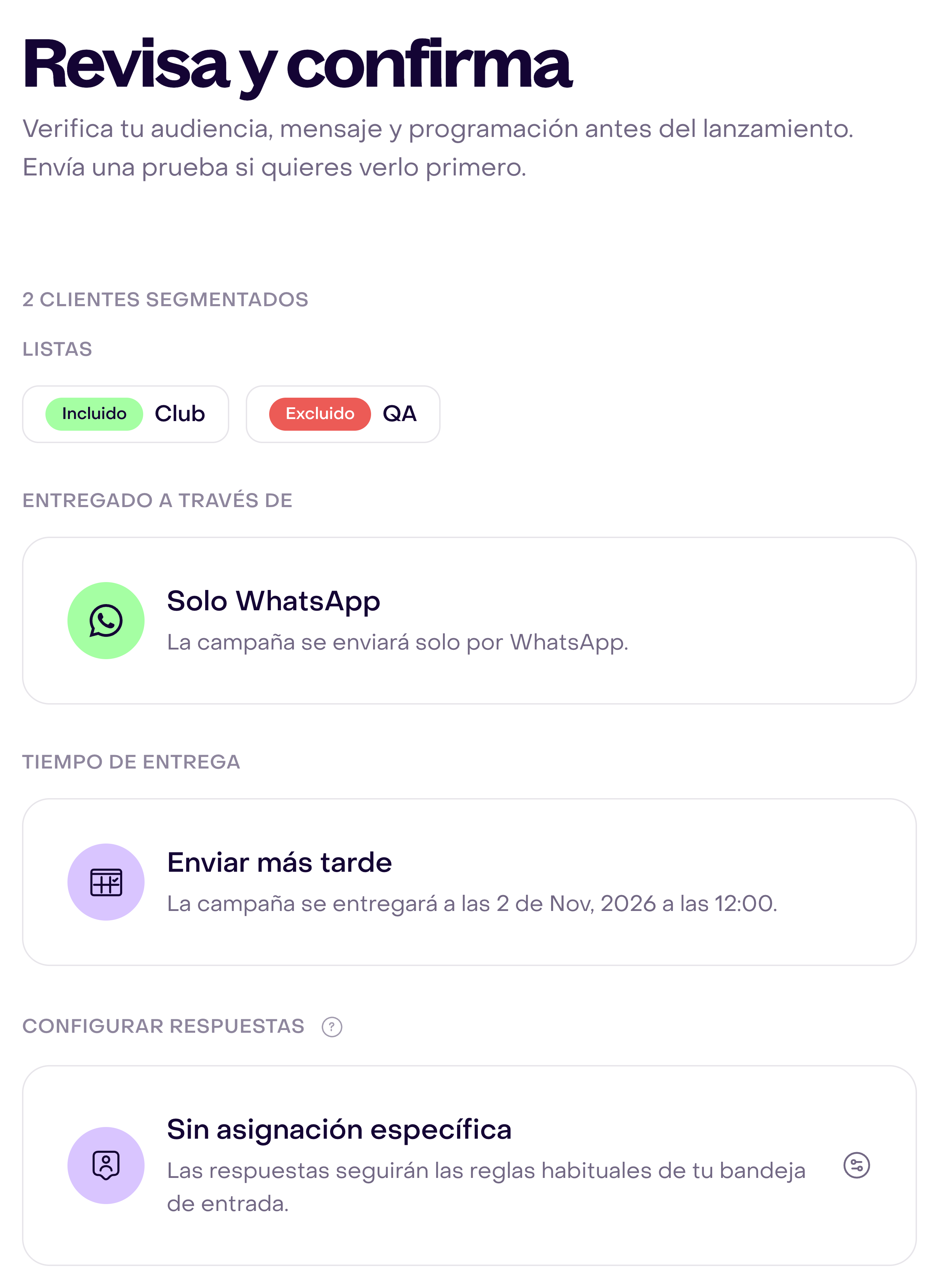 Confirmación del borrador con dos clientes segmentados, Club incluido, QA excluido, Solo WhatsApp, 2 de noviembre a las 12:00 y sin asignación específica.