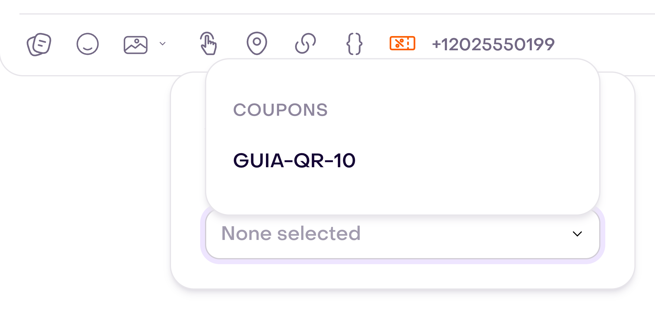 WhatsApp editor Coupon tool with the fictional GUIA-QR-10 coupon available and no coupon selected.