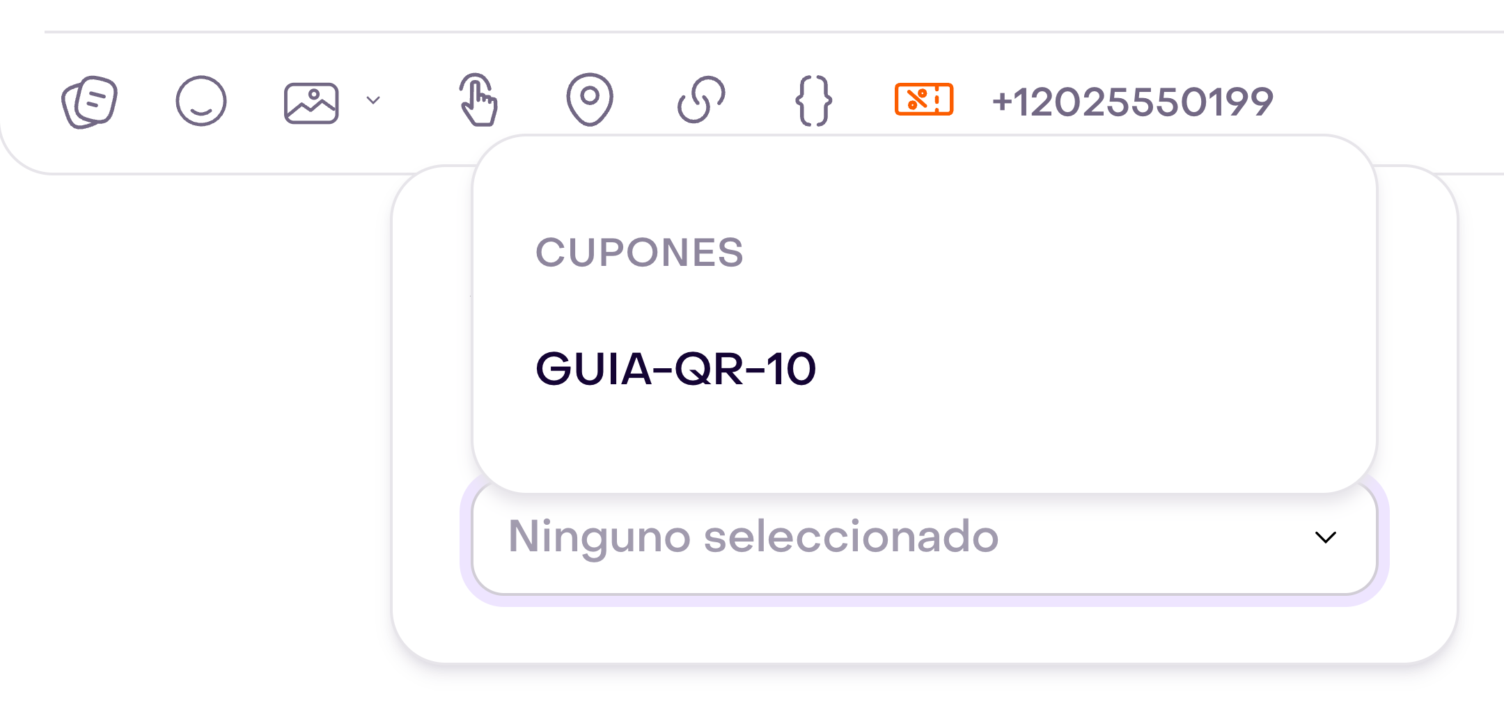 Herramienta Cupones del editor de WhatsApp con el cupón ficticio GUIA-QR-10 disponible y Ninguno seleccionado.