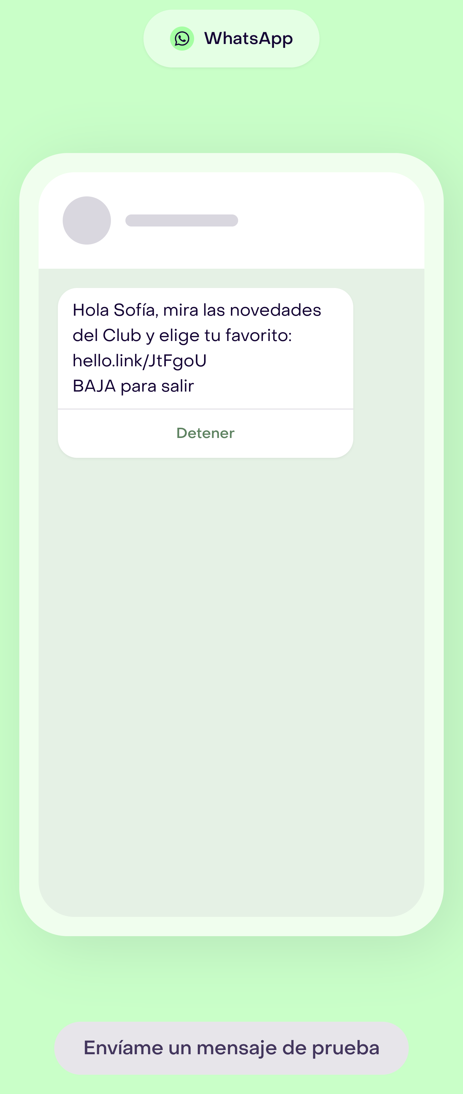 Vista previa nativa de WhatsApp con el nombre Sofía, las novedades del Club, enlace, BAJA para salir y control Detener.