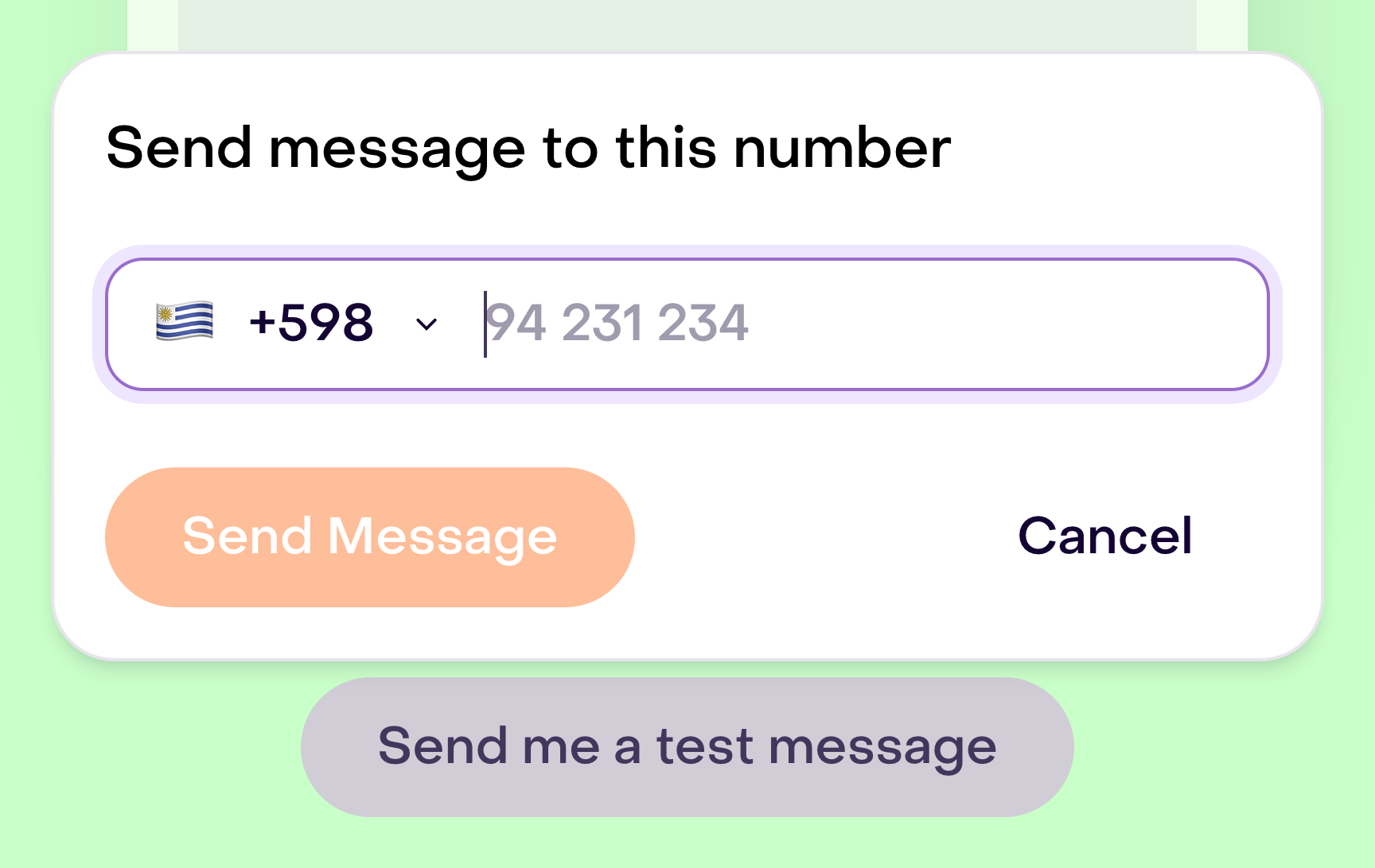 Send message to this number form with a country selector, empty phone field, disabled send control and the Send me a test message trigger.