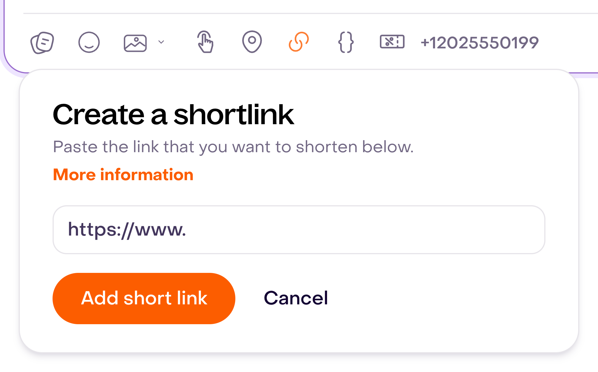 Create a shortlink tool with the URL field, Add short link and Cancel controls, and the WhatsApp editor toolbar.