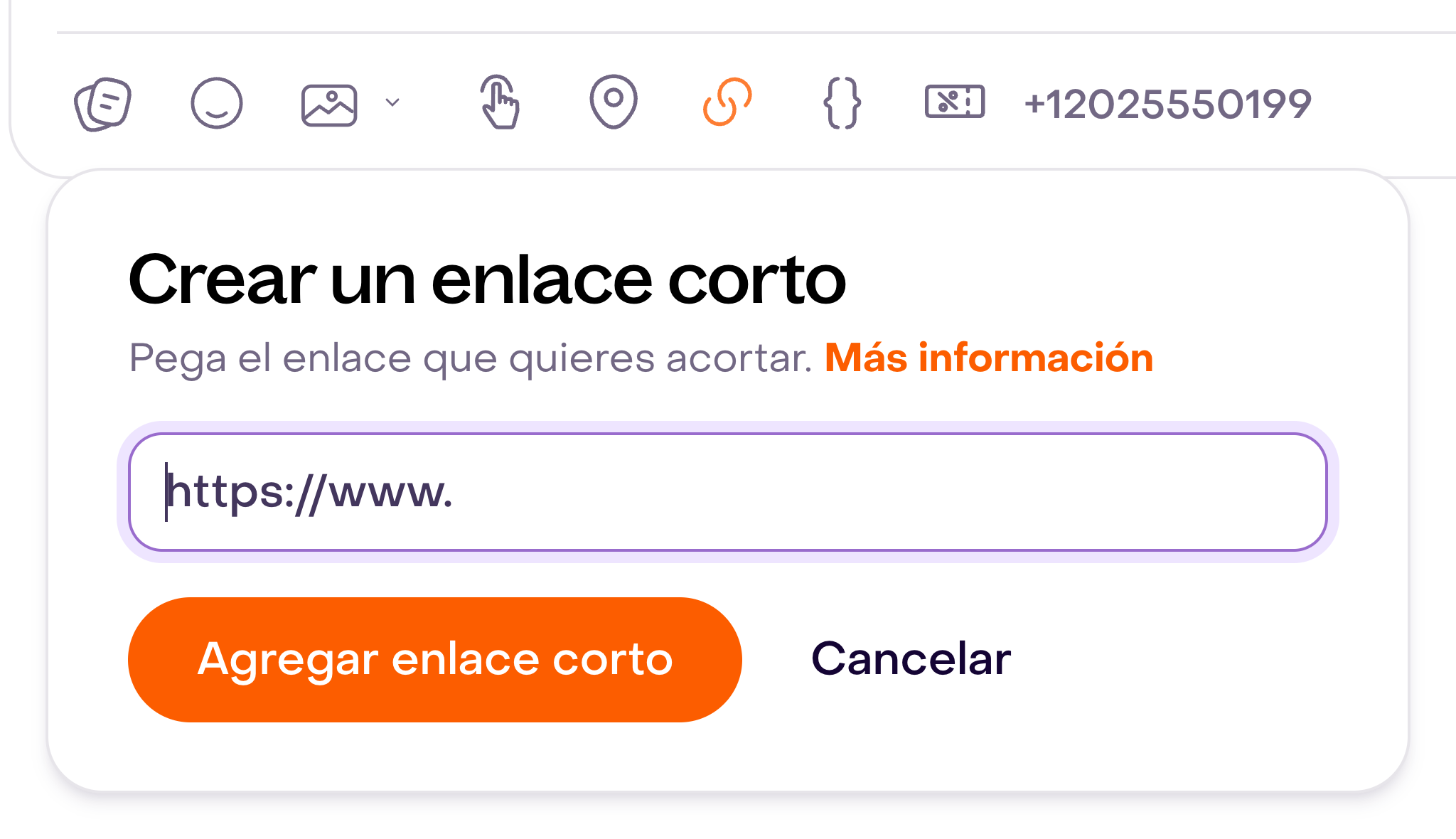 Herramienta Crear un enlace corto, con el campo de URL, los botones Agregar enlace corto y Cancelar y la barra del editor de WhatsApp.