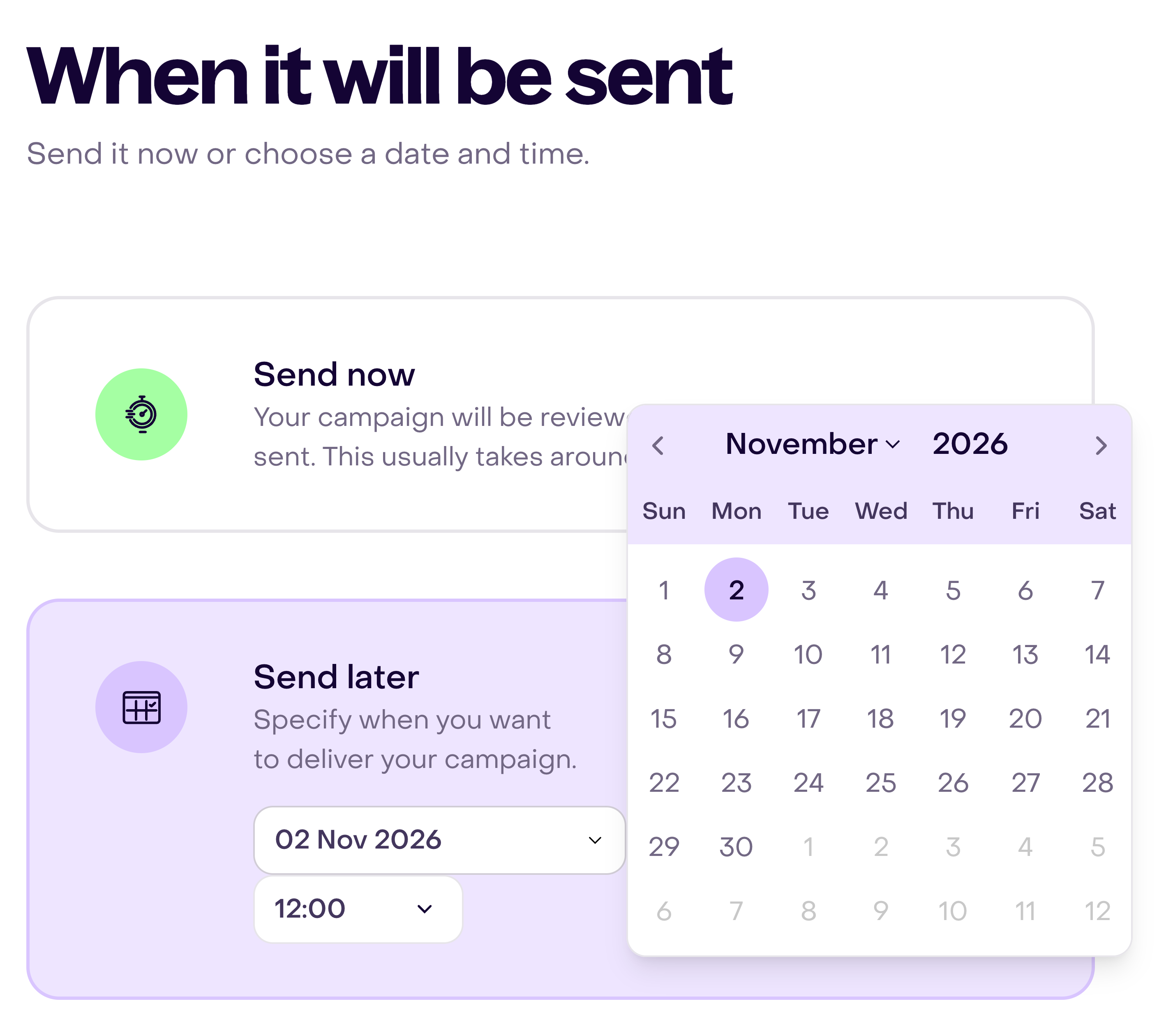 Send later selected for November 2, 2026 at 12:00; the calendar is open on desktop and date and time fields are shown on mobile.