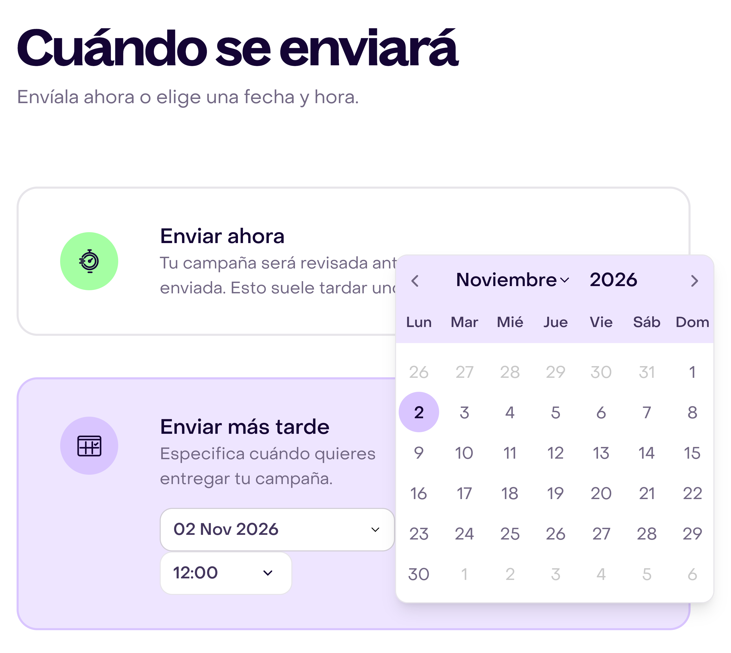 Enviar más tarde seleccionado para el 2 de noviembre de 2026 a las 12:00; calendario abierto en escritorio y campos de fecha y hora en móvil.