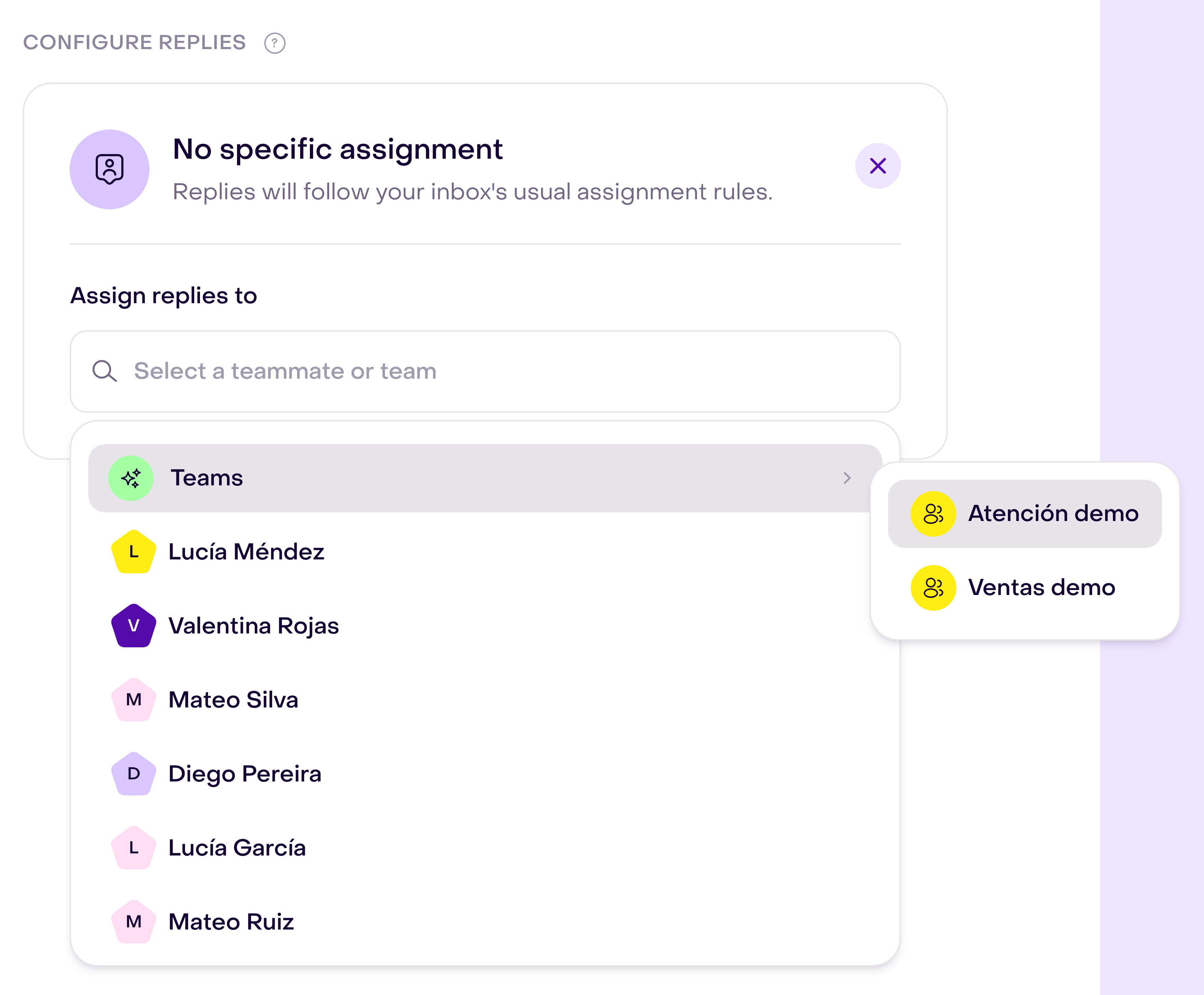 Configure replies with the person and team selector open, fictional people and demo teams, and no specific assignment active.