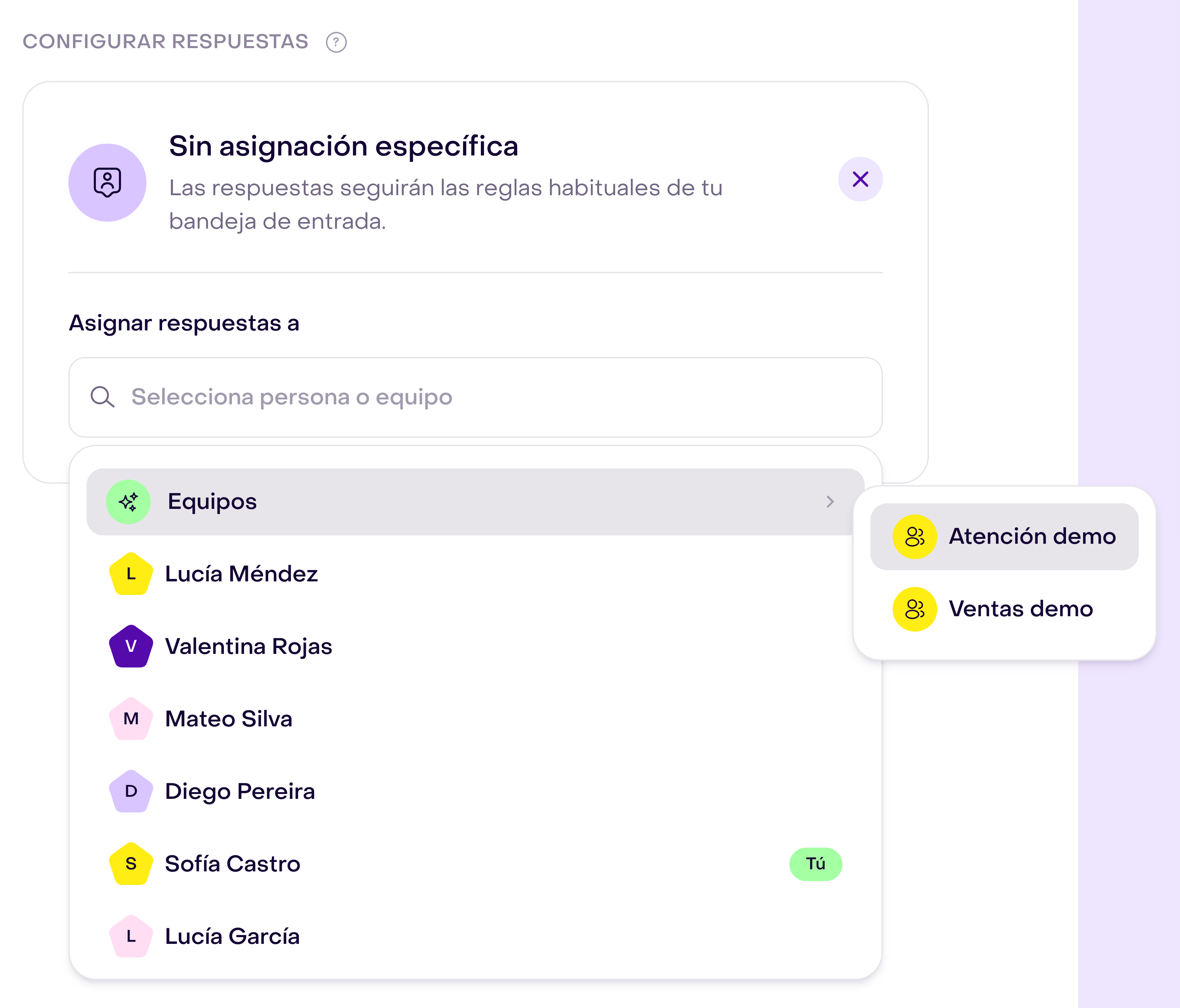 Configurar respuestas con Asignar respuestas a abierto, personas ficticias y los equipos Atención demo y Ventas demo; Sin asignación específica sigue activo.