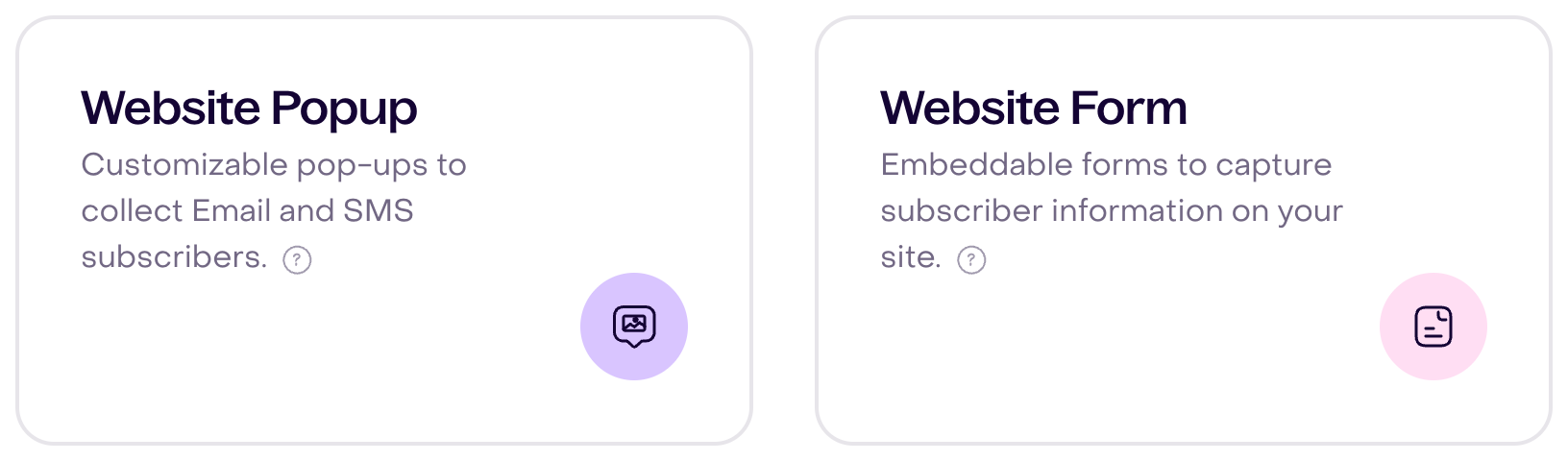 Website Form in the desktop catalog next to Website Popup; narrow screens show only the Website Form card.