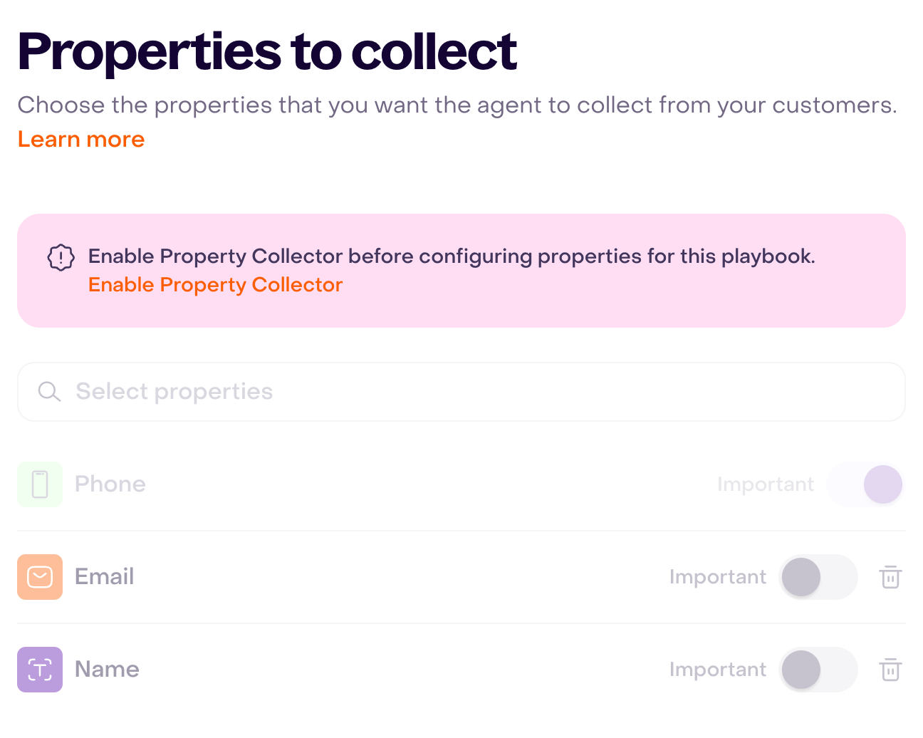 Subscriber Booster shows the enable Property Collector notice and disables its property selection.