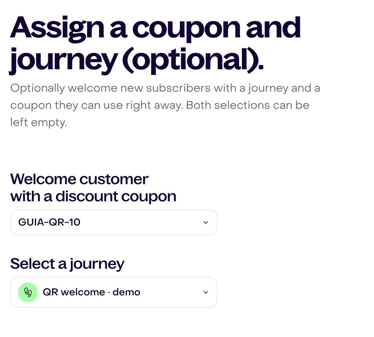 Assign a coupon and journey step with fictional GUIA-QR-10 coupon and QR welcome journey selected.