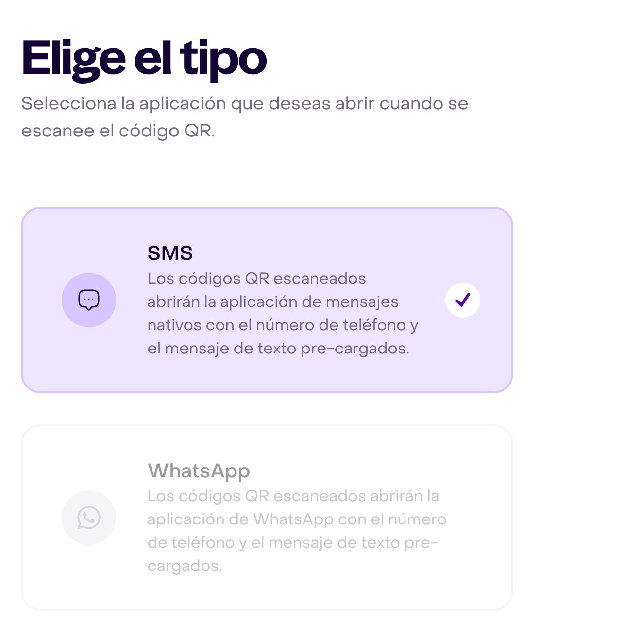 Paso Elige el tipo: SMS seleccionado y WhatsApp no disponible para esta cuenta.