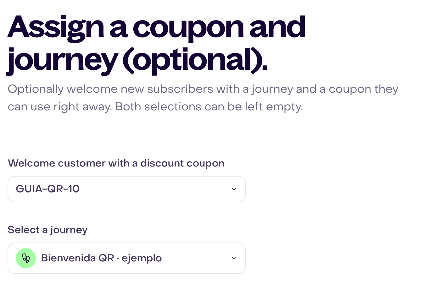 Fictional coupon GUIA-QR-10 and an example welcome journey selected in the optional step.