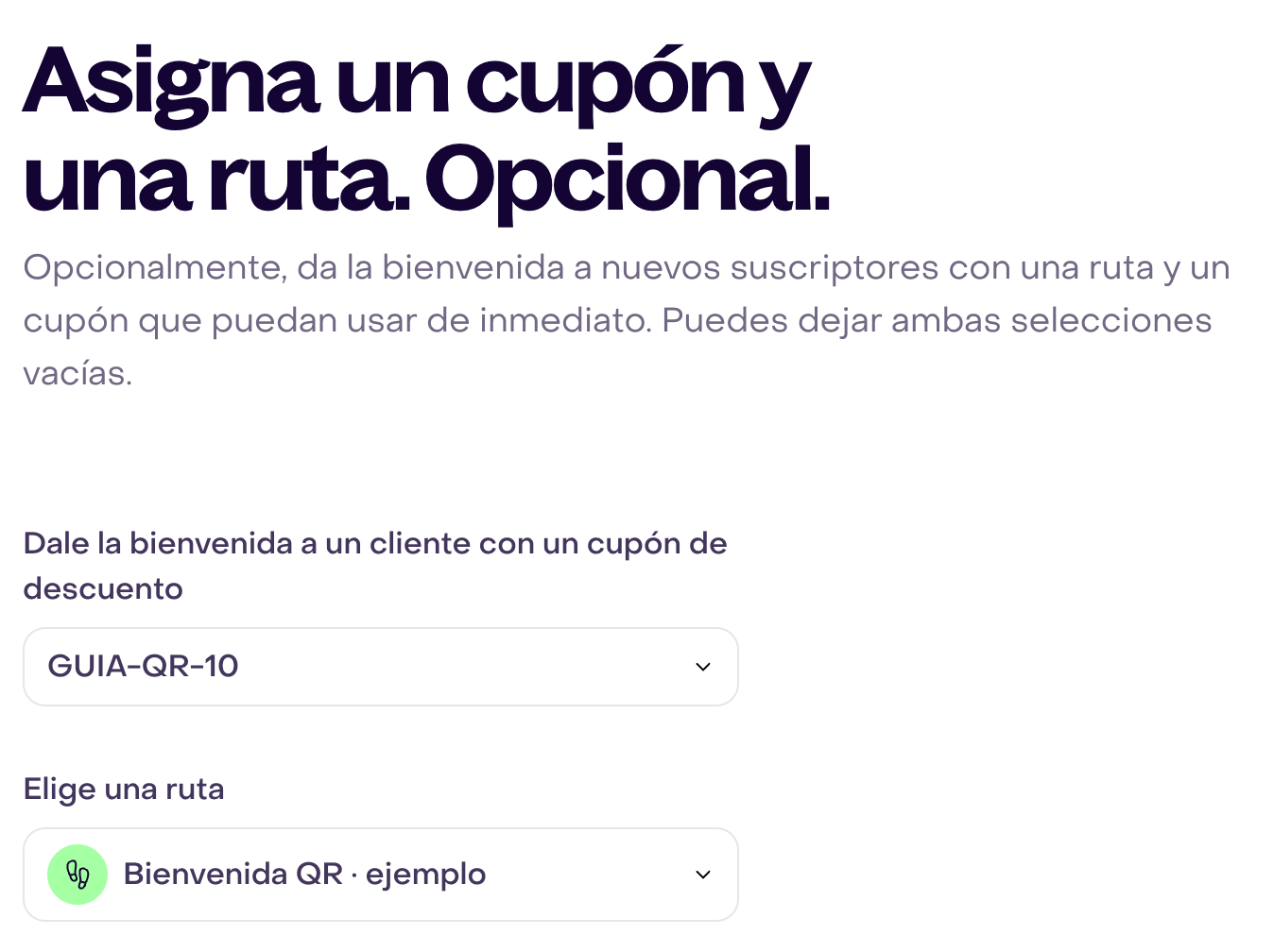 Cupón ficticio GUIA-QR-10 y ruta de bienvenida de ejemplo seleccionados en el paso opcional.