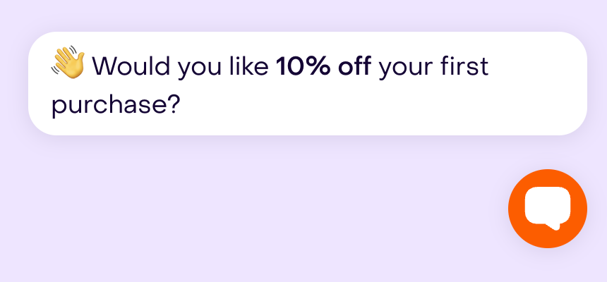 Webchat teaser offering 10% off next to the orange chat launcher.