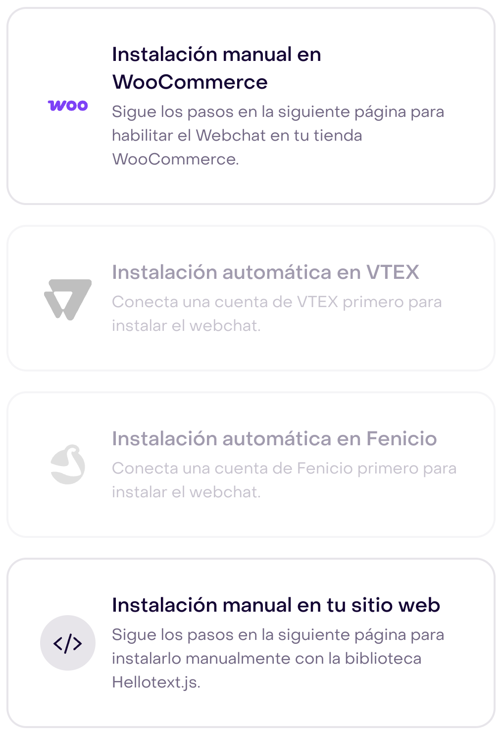 Opciones de instalación de Webchat y descripción de la instalación manual con Hellotext.js.