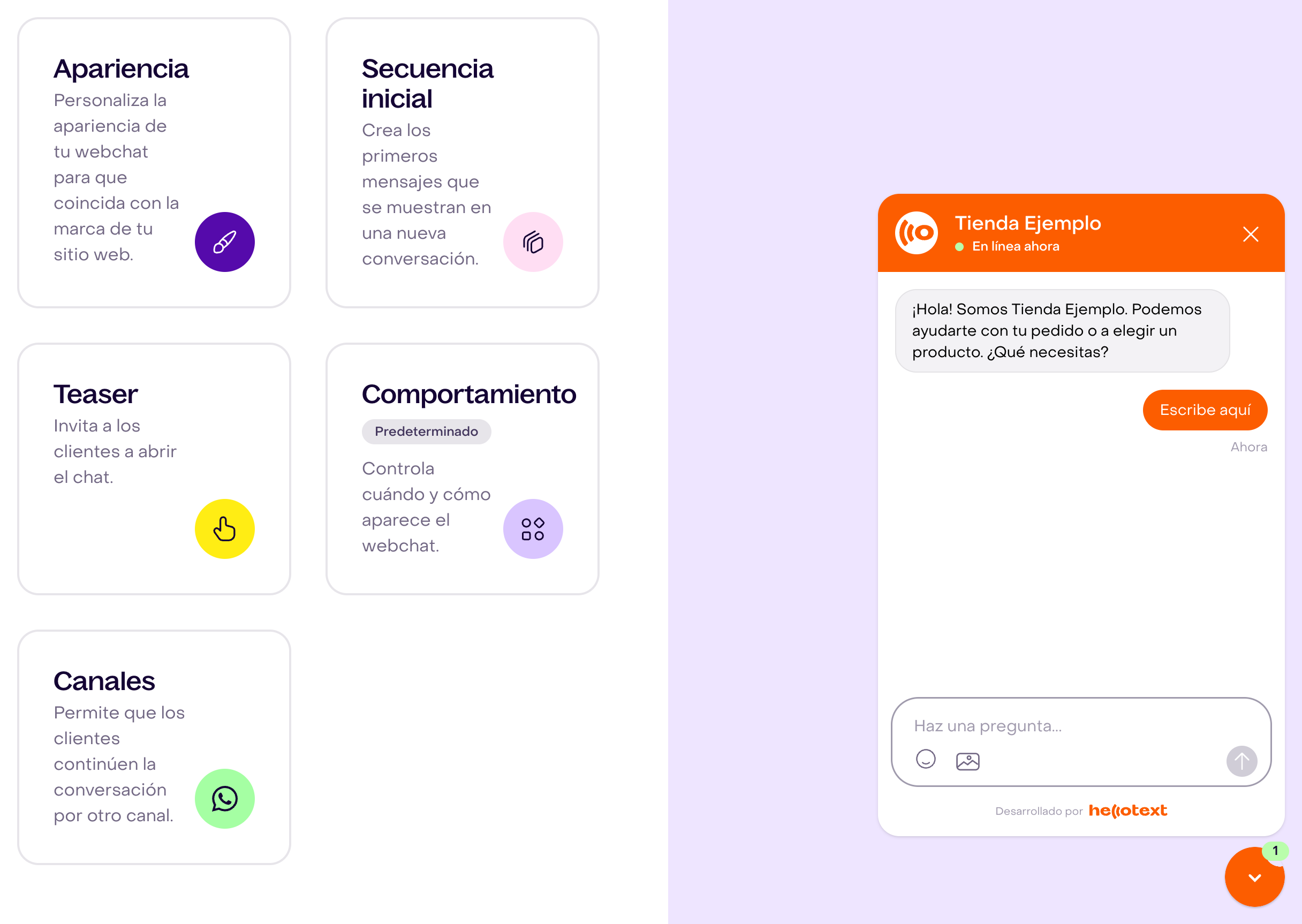 Tarjetas de Apariencia, Secuencia inicial, Teaser, Comportamiento y Canales; en la vista amplia, con el preview de Webchat a la derecha.