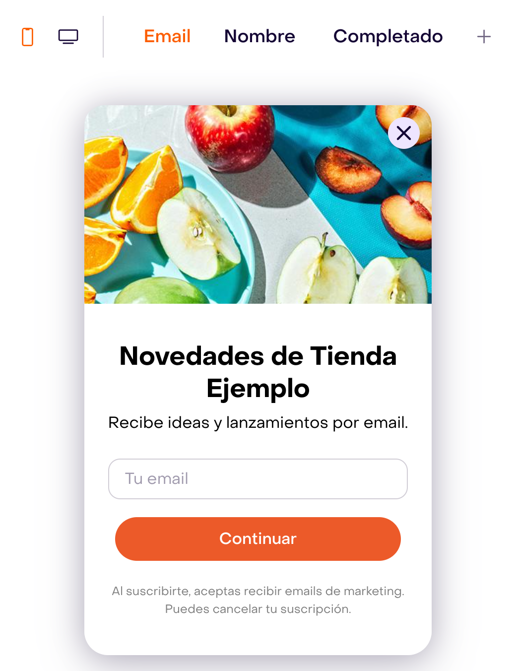 Pasos y selectores de dispositivo junto al popup ficticio; en pantallas pequeñas, vista enfocada del primer paso con fotografía en la cabecera.