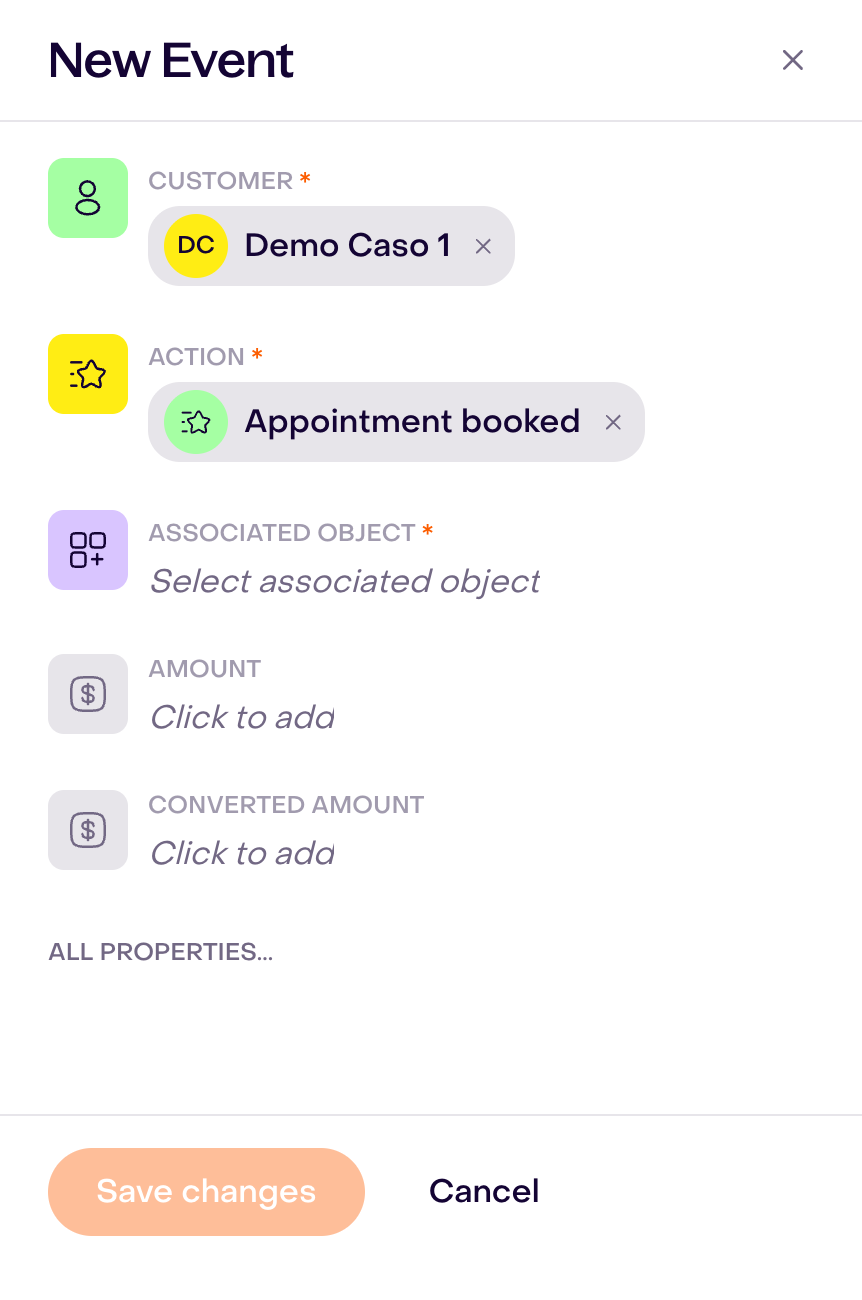 Unsaved New Event for Demo Caso 1, Appointment booked, empty associated object, and disabled Save changes.