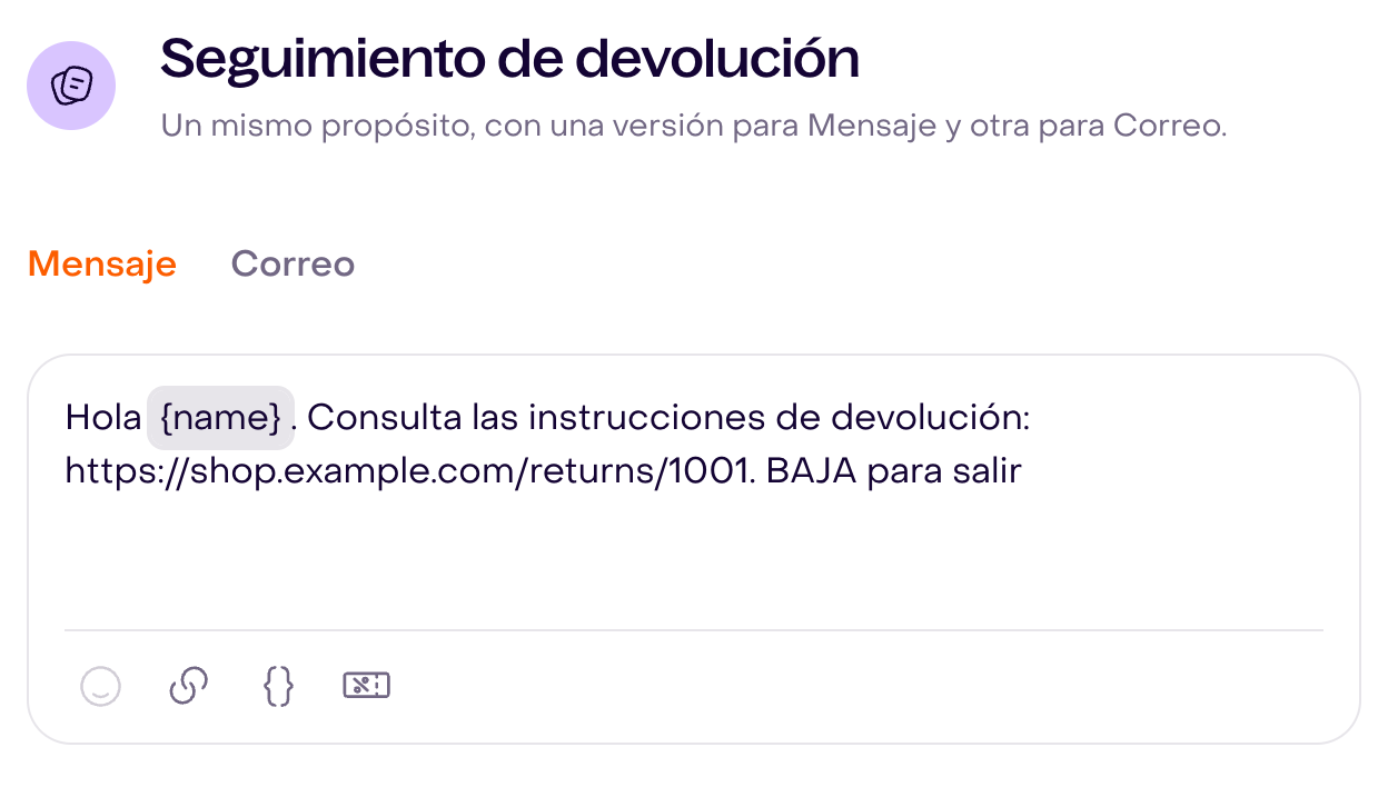 Editor real de Mensaje con un borrador ficticio de seguimiento de devolución, etiqueta name y URL completa.