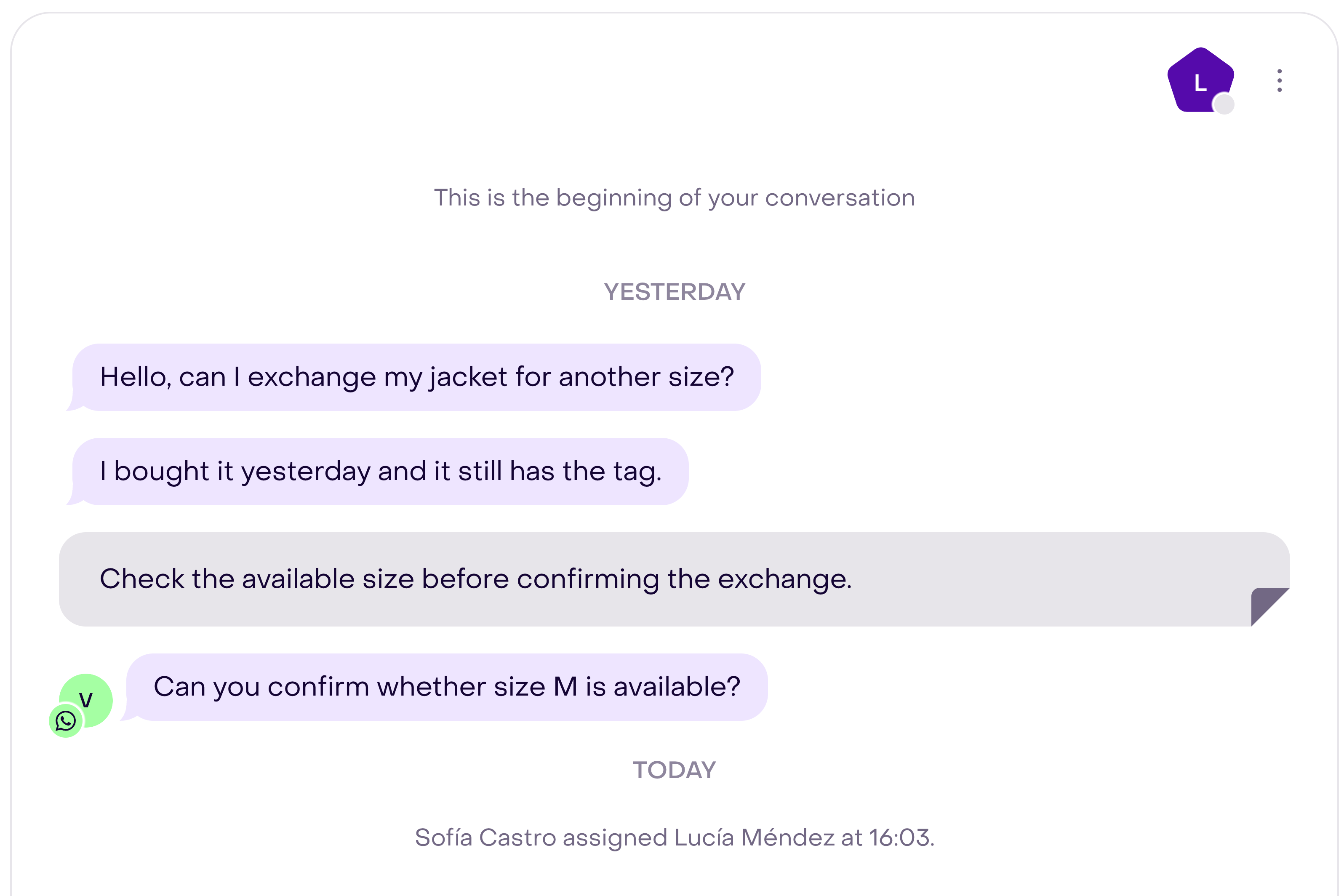 Inbox conversation after a manual assignment, showing the assignee and assignment record.
