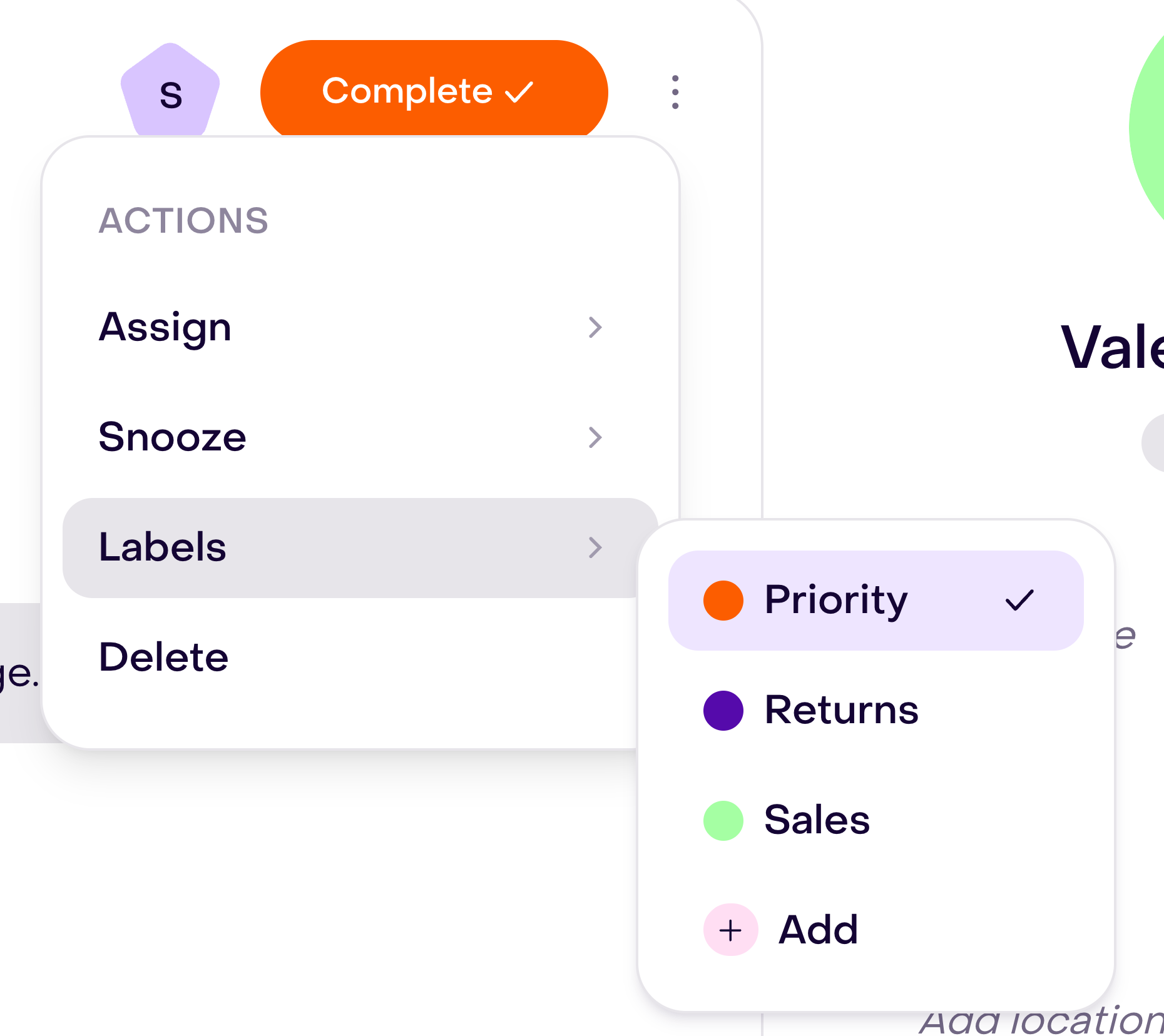 A conversation’s Labels menu with a selected label.