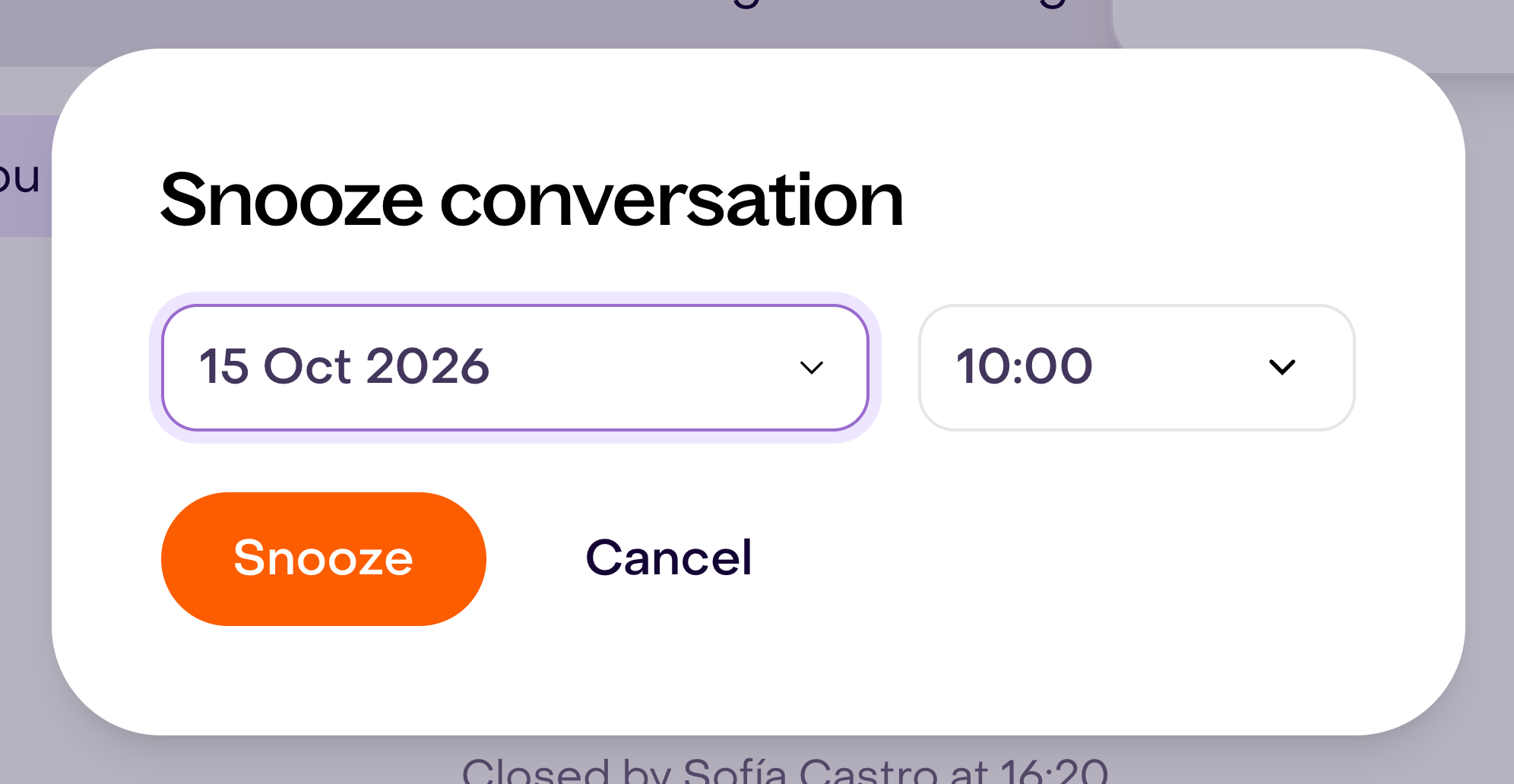 Snooze conversation dialog with date and time fields and the Snooze button.