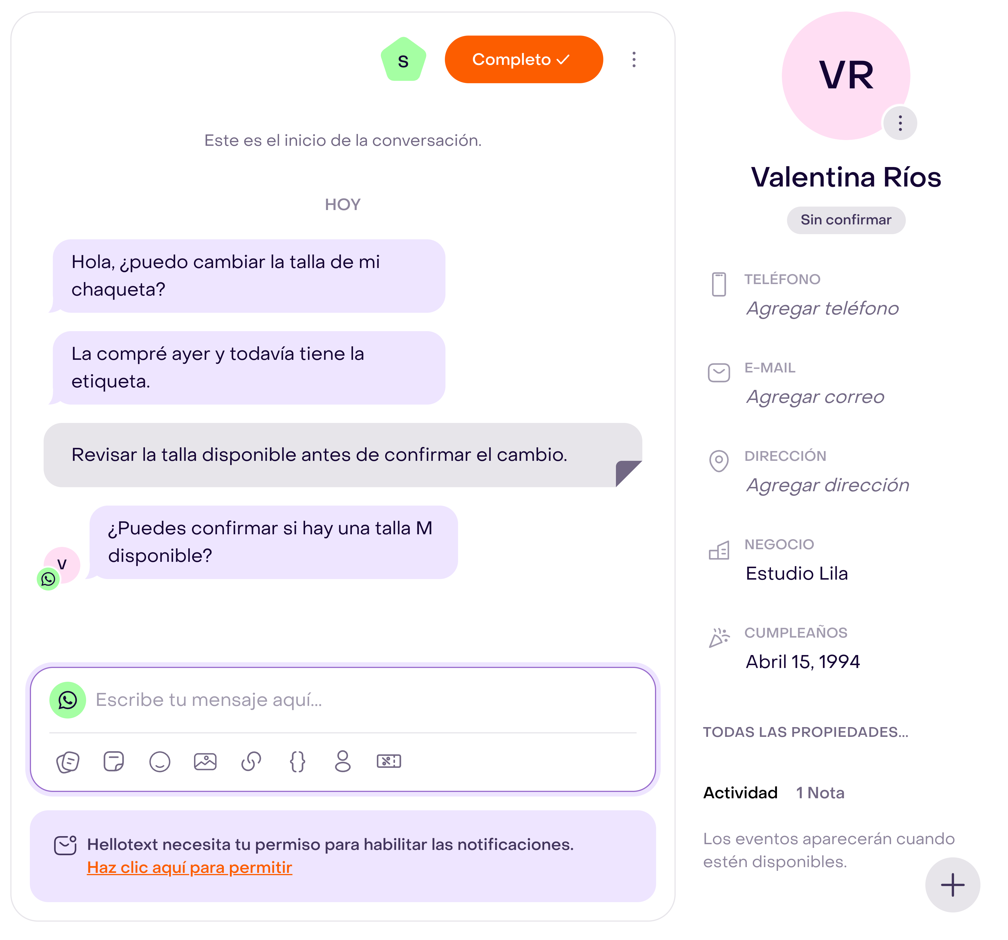 Editor de respuesta WhatsApp vacío debajo del historial de una conversación ficticia del Inbox, con sus controles nativos visibles.