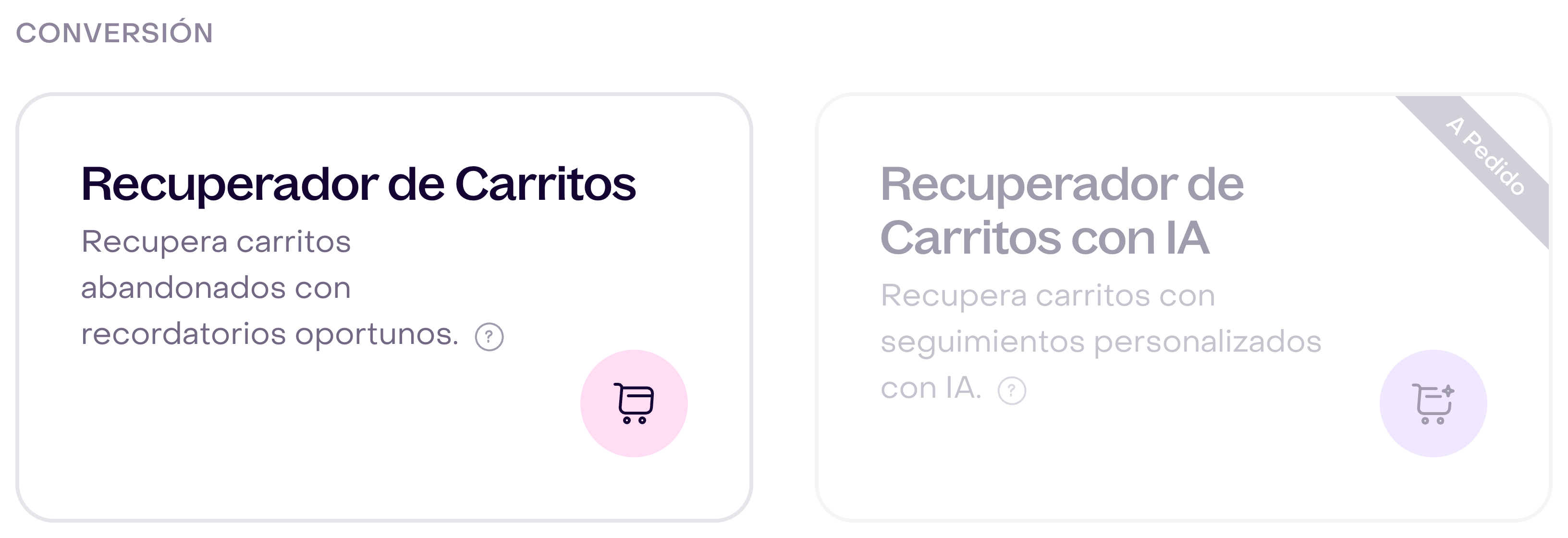 Catálogo de Hellotext con las tarjetas Recuperador de Carritos y Recuperador de Carritos con IA.