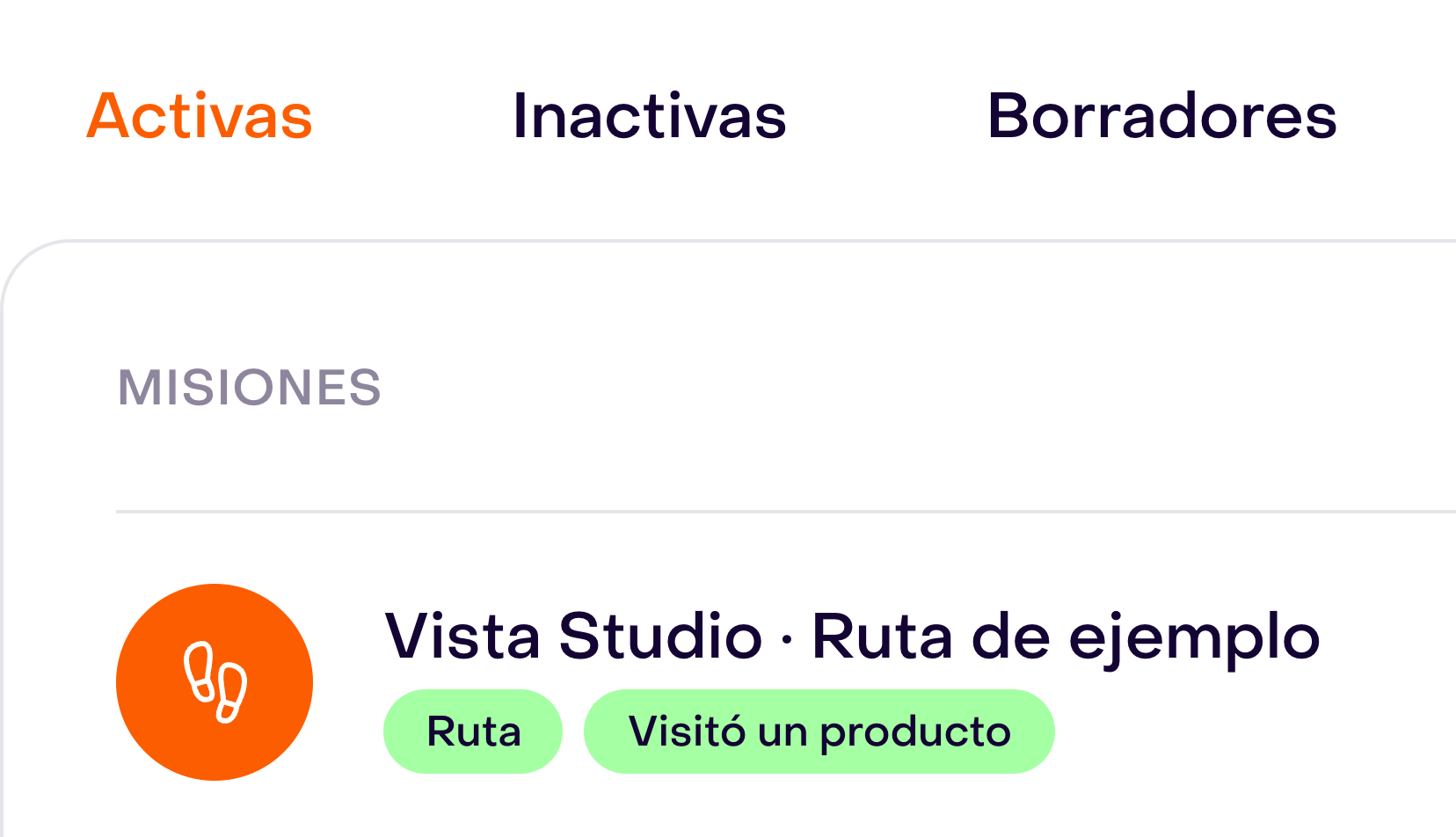 Listado de rutas con Activas seleccionado y la ruta ficticia con su disparador Visitó un producto.