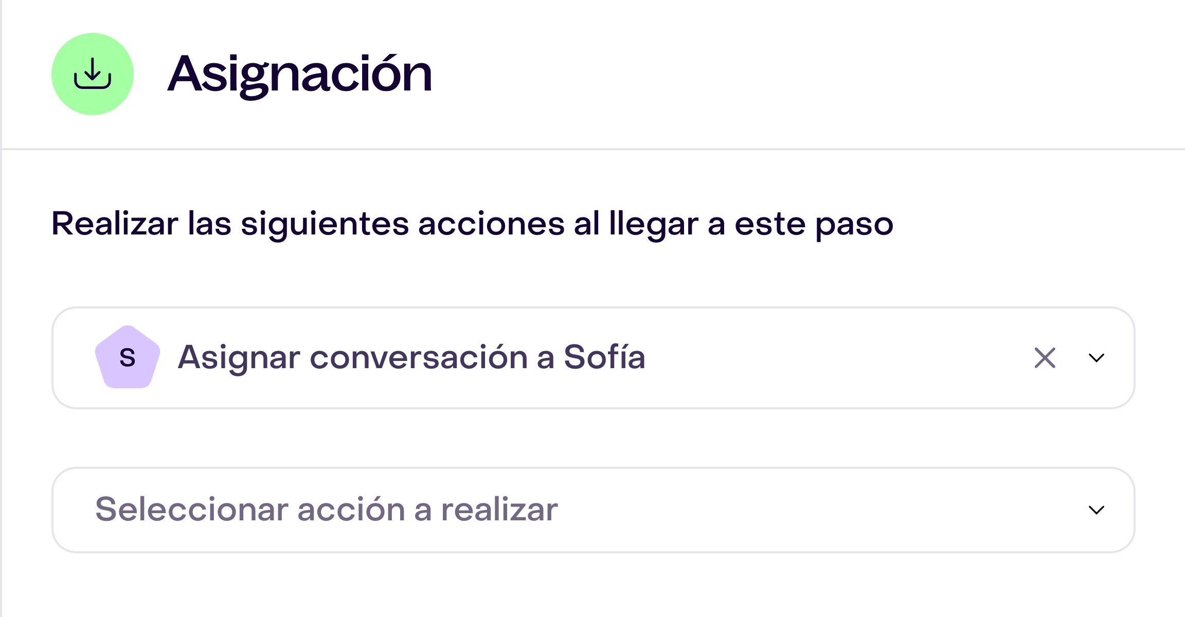 Panel Asignación con la opción Asignar conversación a Sofía, una integrante ficticia del equipo.