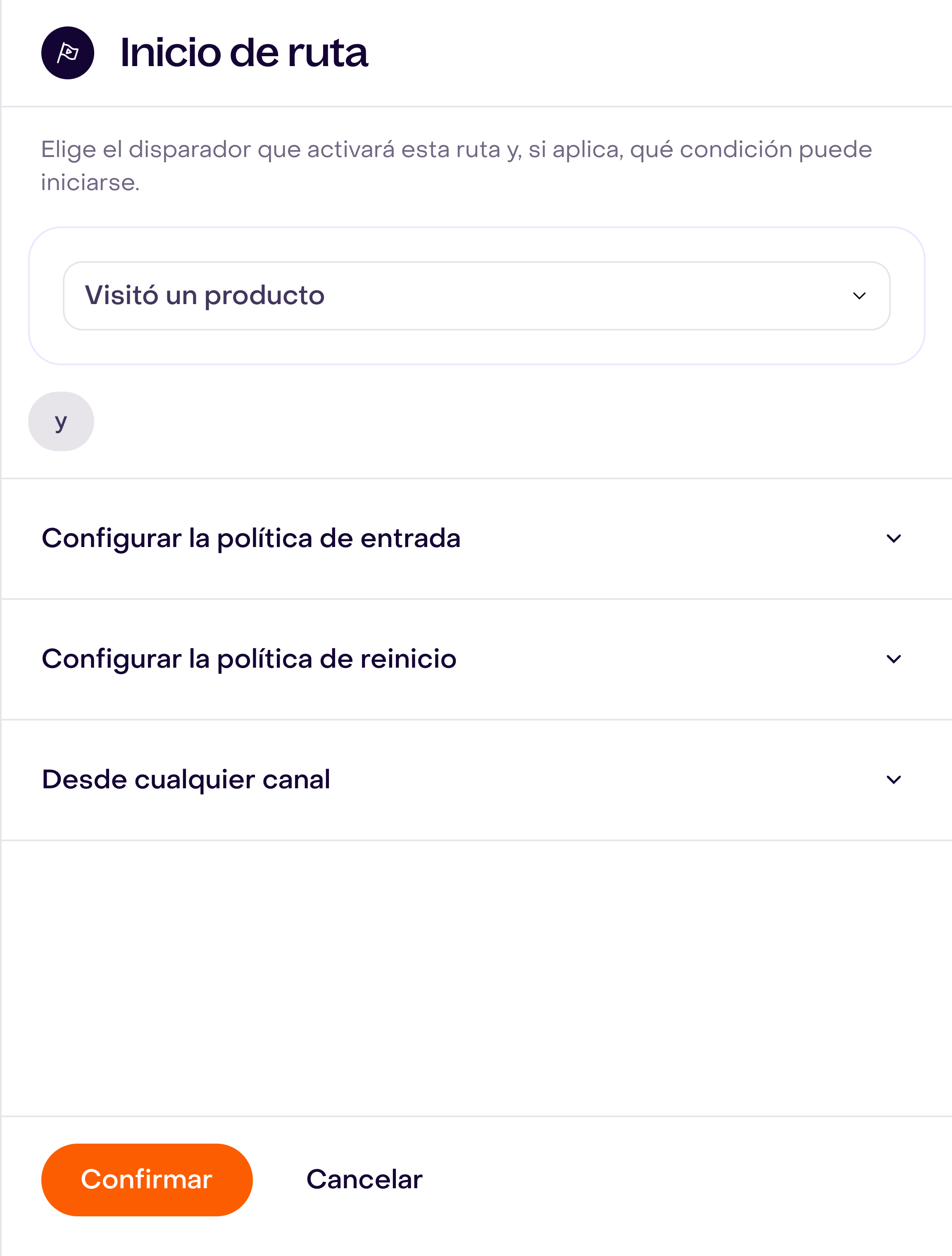 Panel Inicio de ruta con Visitó un producto elegido y los botones Confirmar y Cancelar.