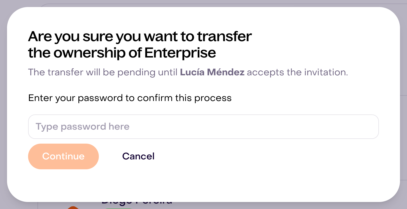 Real Enterprise and Lucía Méndez confirmation with empty password, disabled Continue and Cancel.