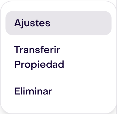 Menú real del miembro ficticio con Transferir Propiedad y las otras opciones completas.