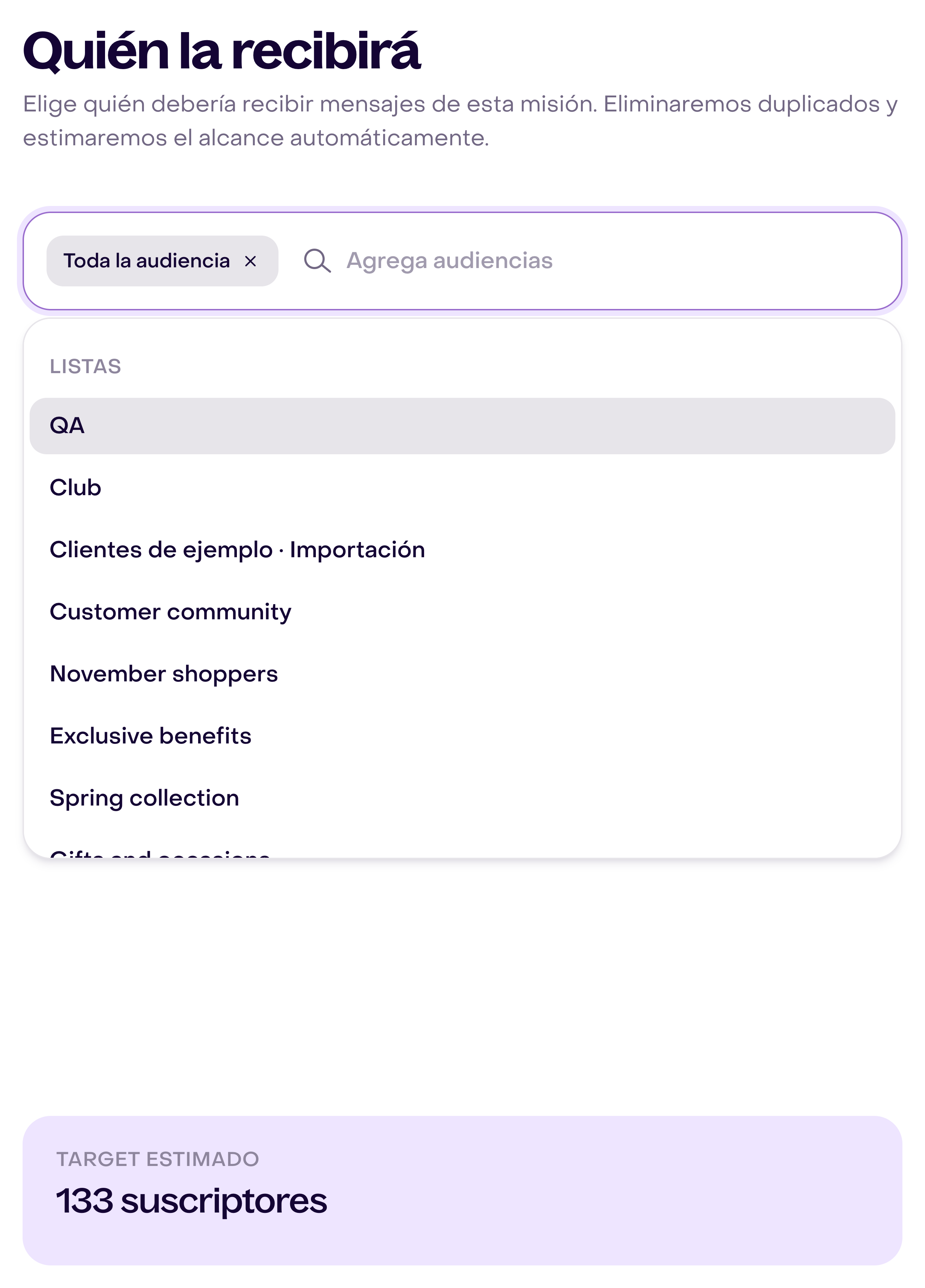 Selector de audiencias con la lista de grupos abierta