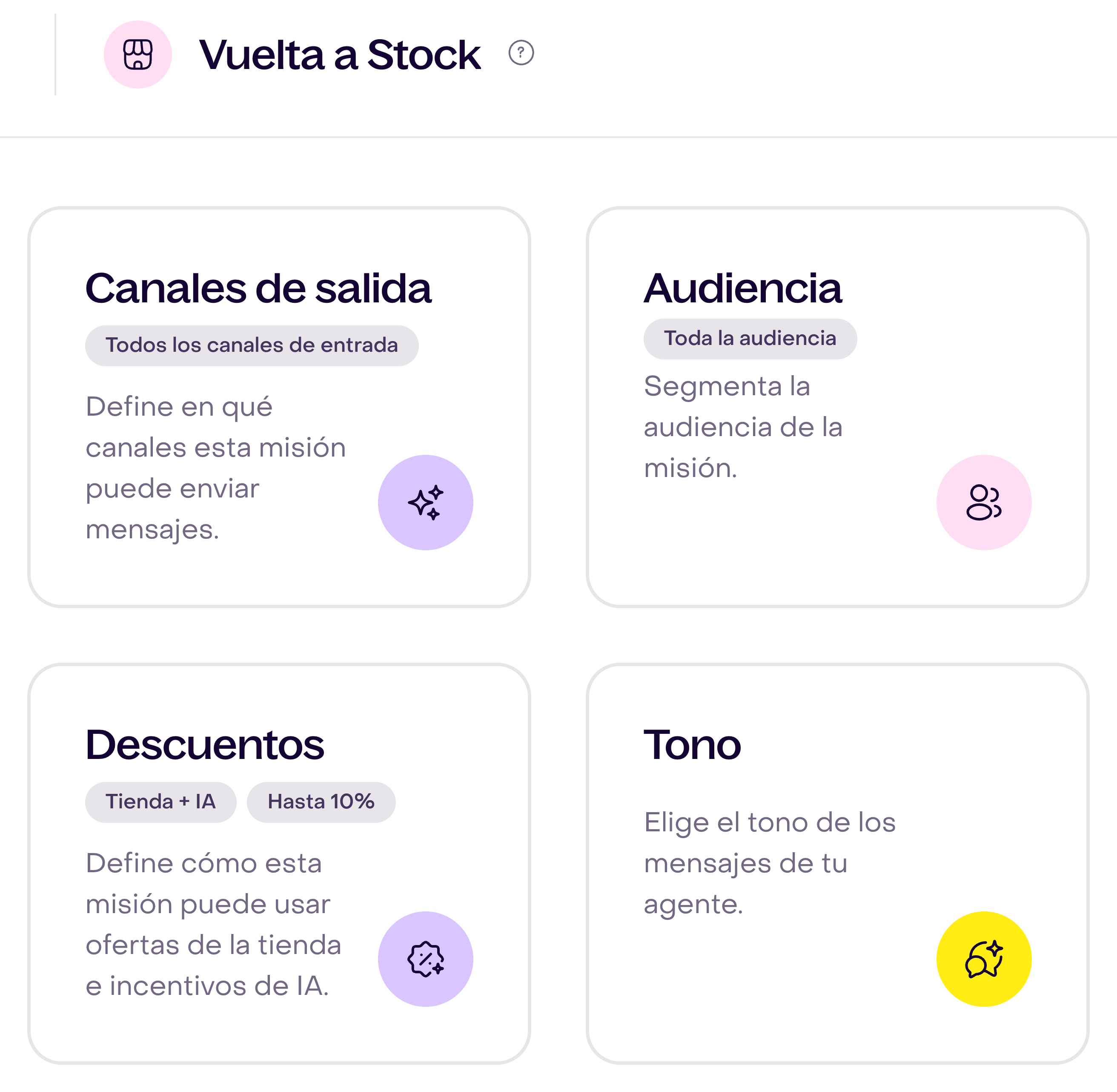Tarjetas de configuración de Vuelta a Stock
