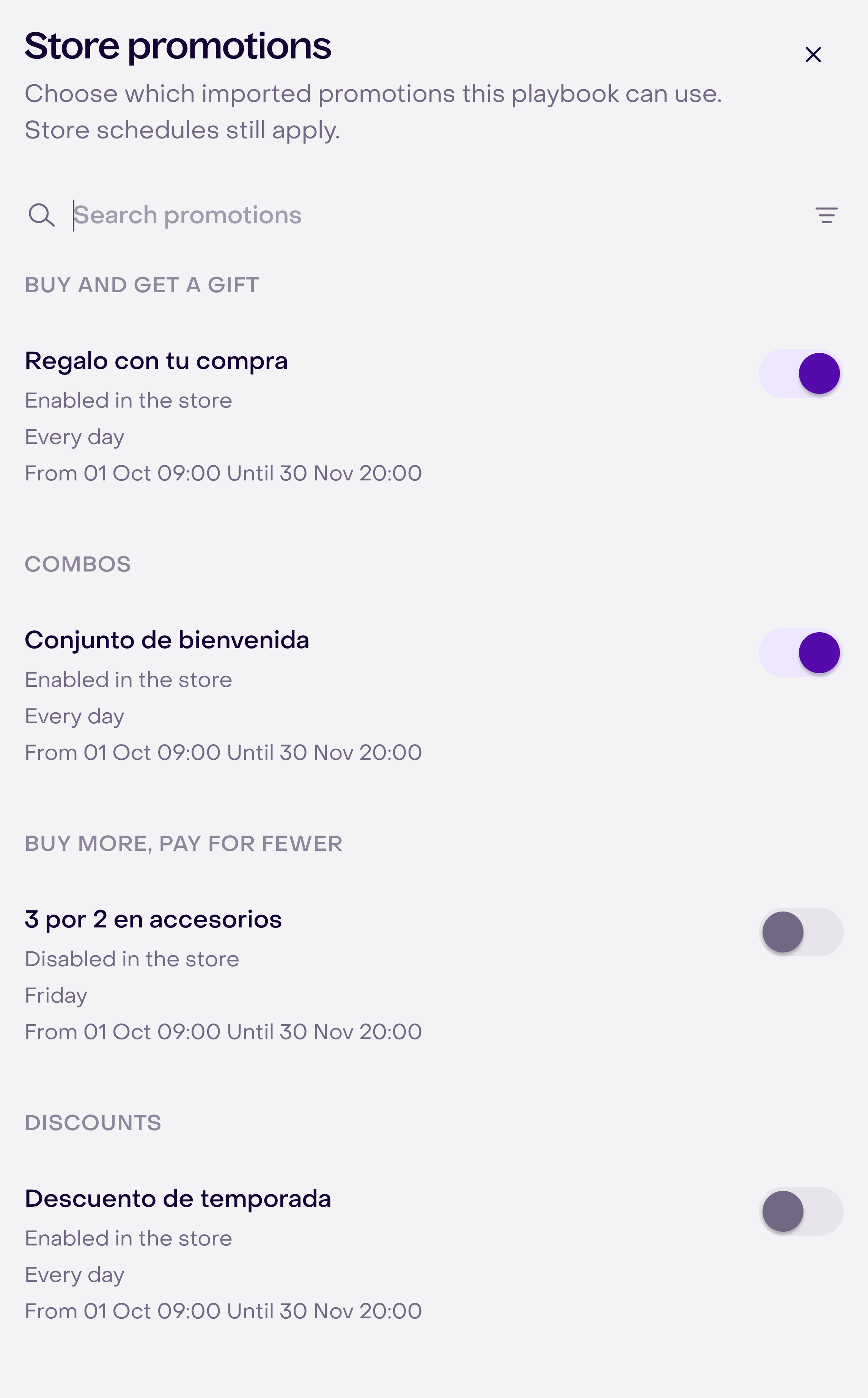 Store promotions panel with statuses and dates