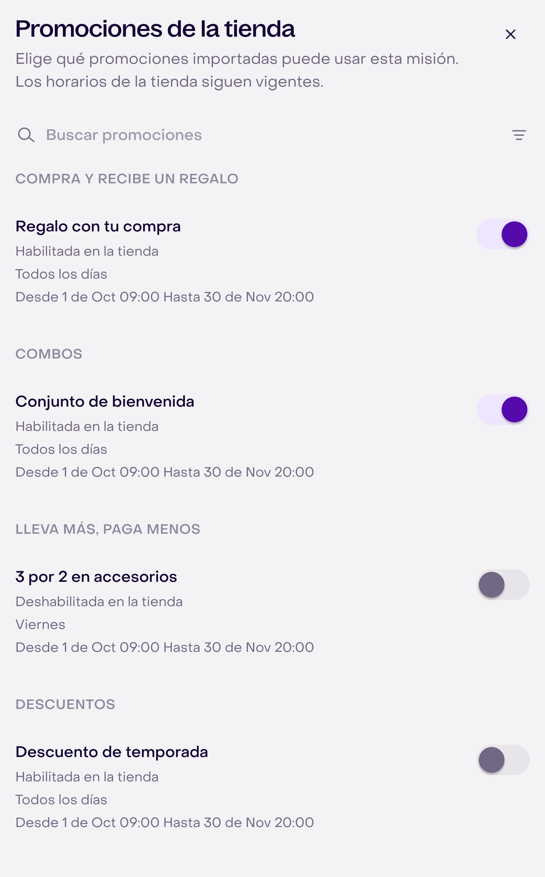 Panel de promociones de la tienda con estados y fechas
