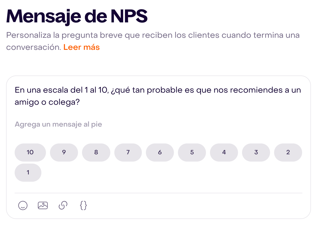 Pregunta NPS predeterminada y diez botones fijos del 10 al 1, sin seleccionar, en el editor de una cuenta ficticia.