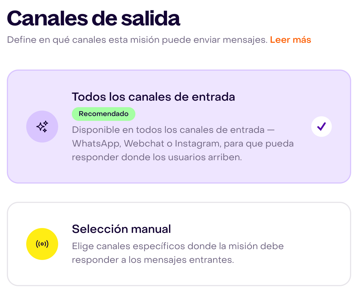 Canales de salida con la opción automática seleccionada y Selección manual disponible. Se conserva el texto nativo de canales de entrada.