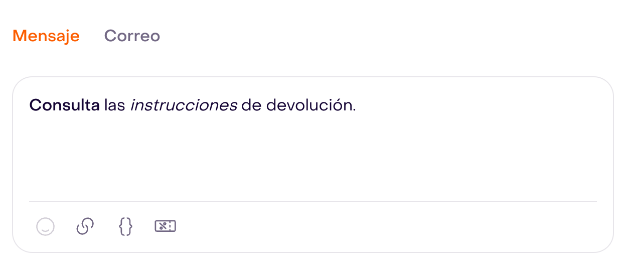 Editor real de Mensaje con Consulta en negrita e instrucciones en cursiva, borrador ficticio sin guardar.