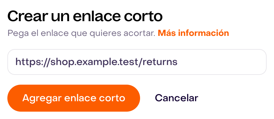 Formulario Crear un enlace corto con URL ficticia sin agregar y botones completos.