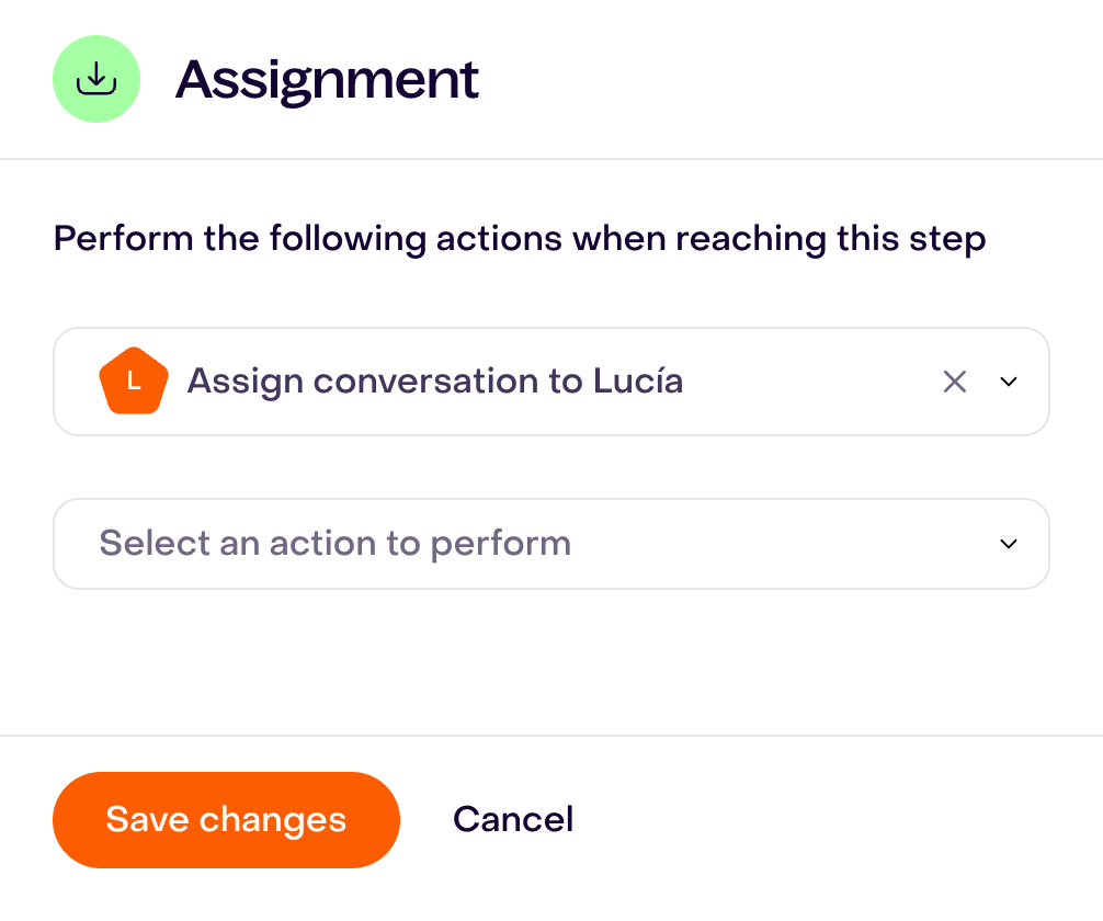 Assign conversation to Lucía action in a fictional unsaved step.