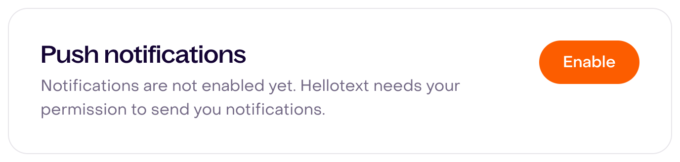 Real fictional-account Push notifications card, default permission and no subscription, with the complete Enable control; the button was not pressed and permission was not requested.