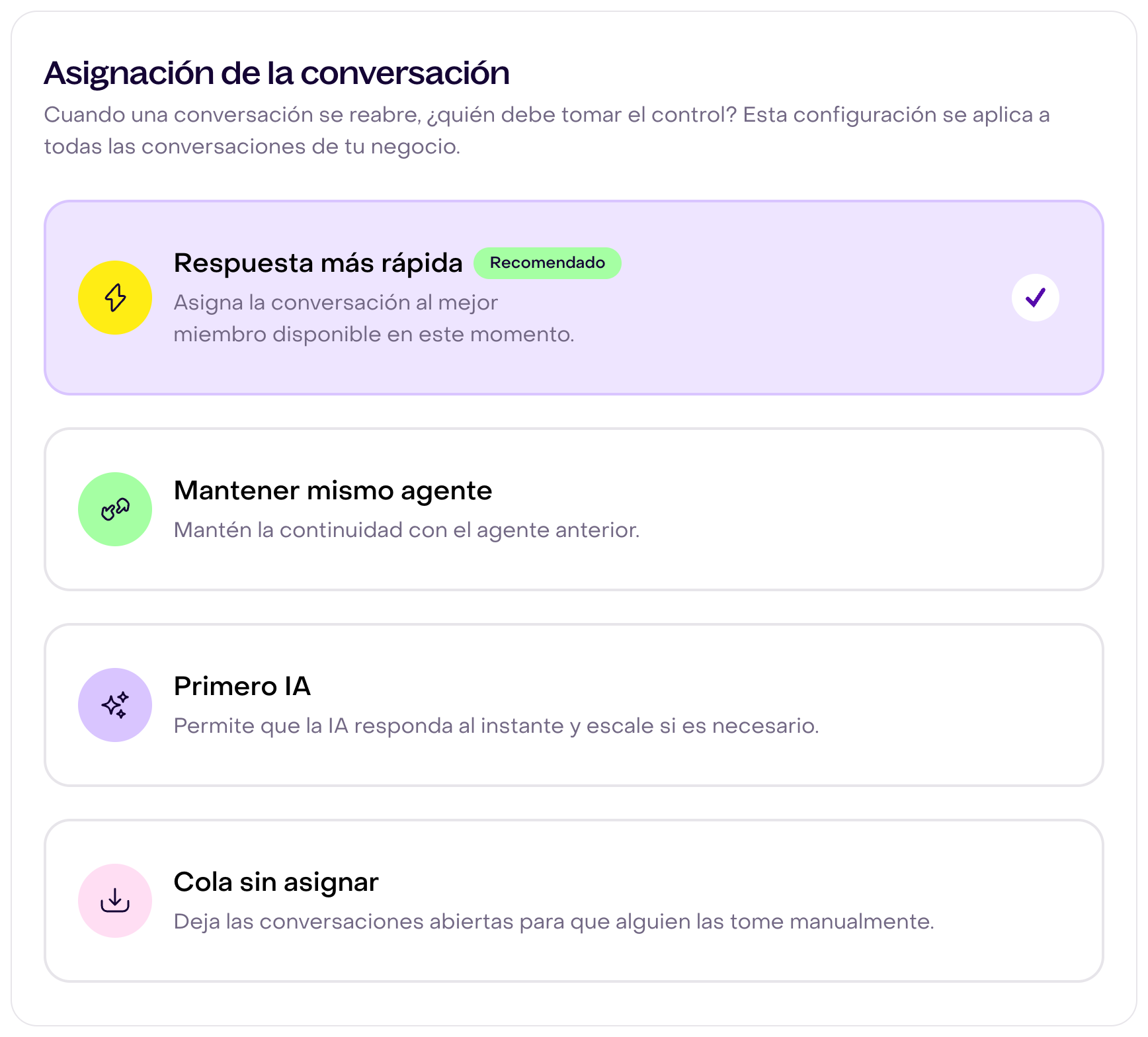 Opciones reales de asignación de conversaciones reabiertas con Respuesta más rápida ya seleccionado, sin cambios.