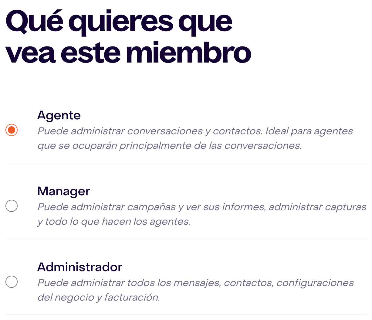 Tres opciones de rol con Agente seleccionado para una persona ficticia